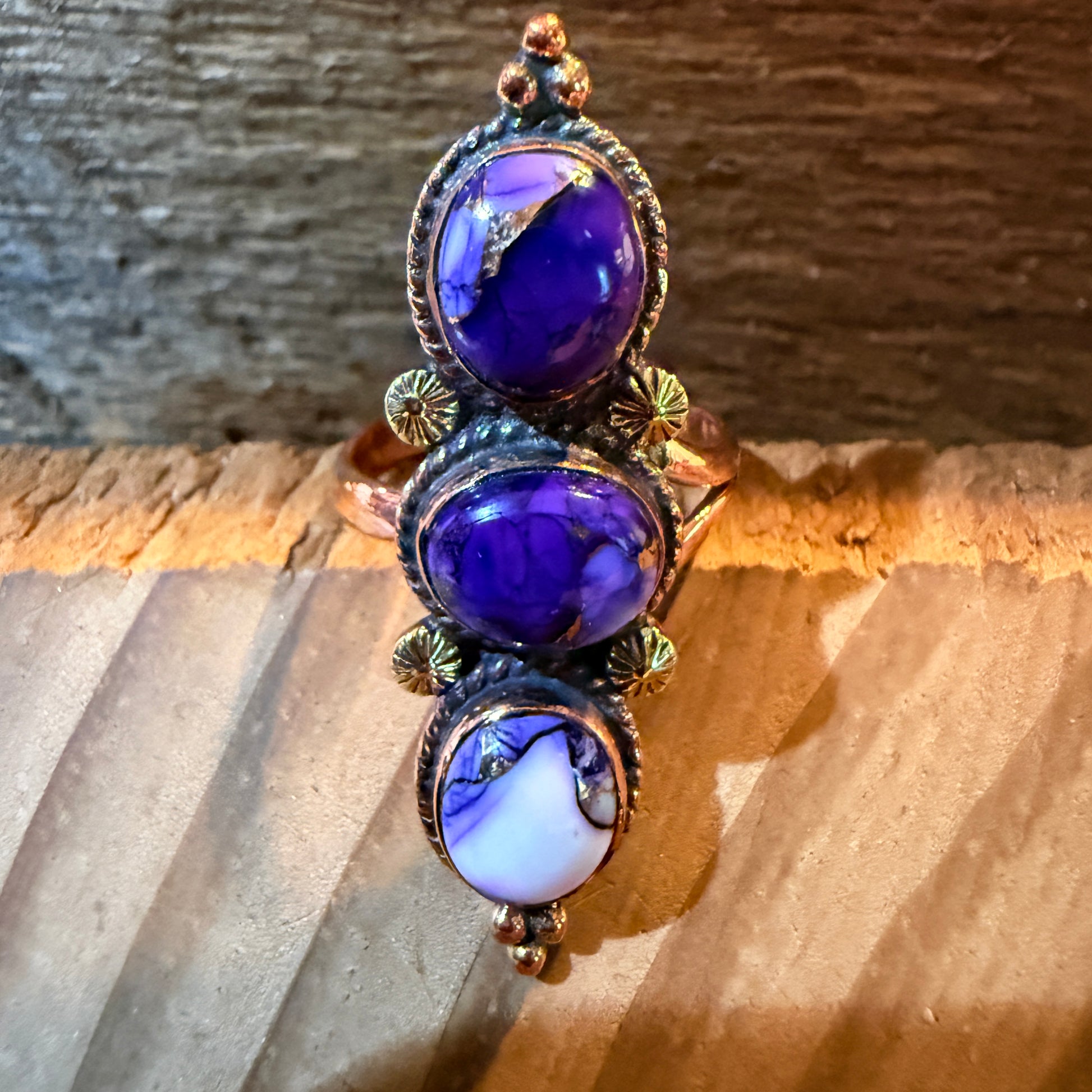 Purple Spiny Oyster Three Stone Adjustable Ring in Copper Wild West Boho