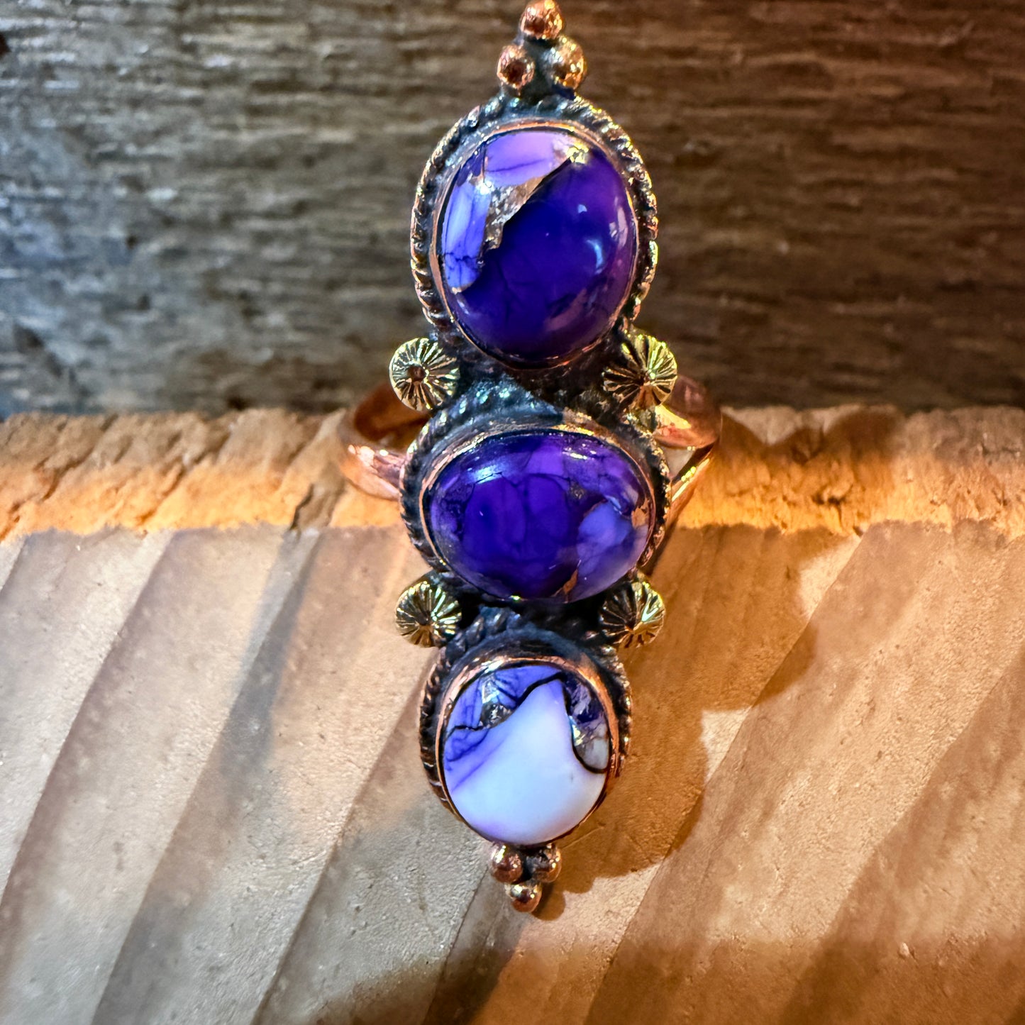 Purple Spiny Oyster Three Stone Adjustable Ring in Copper Wild West Boho