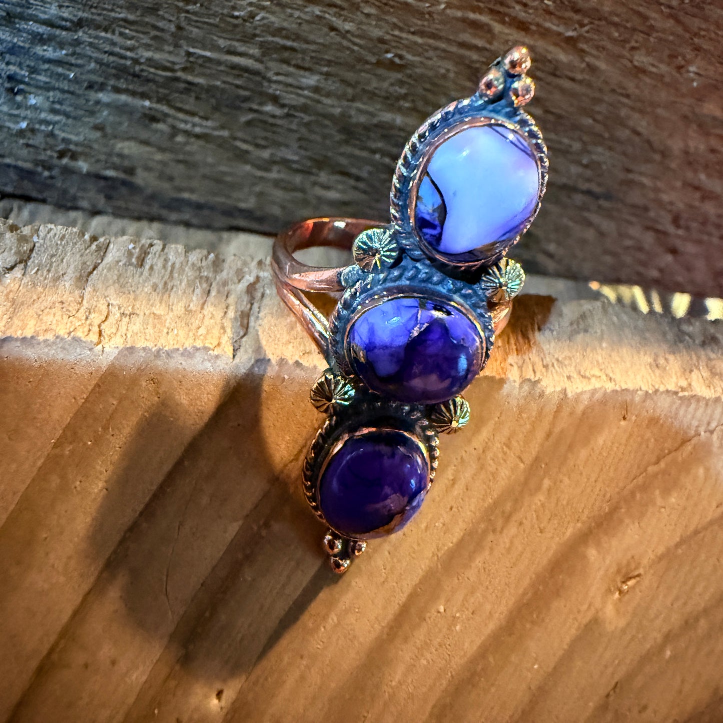 Purple Spiny Oyster Three Stone Adjustable Ring in Copper Wild West Boho