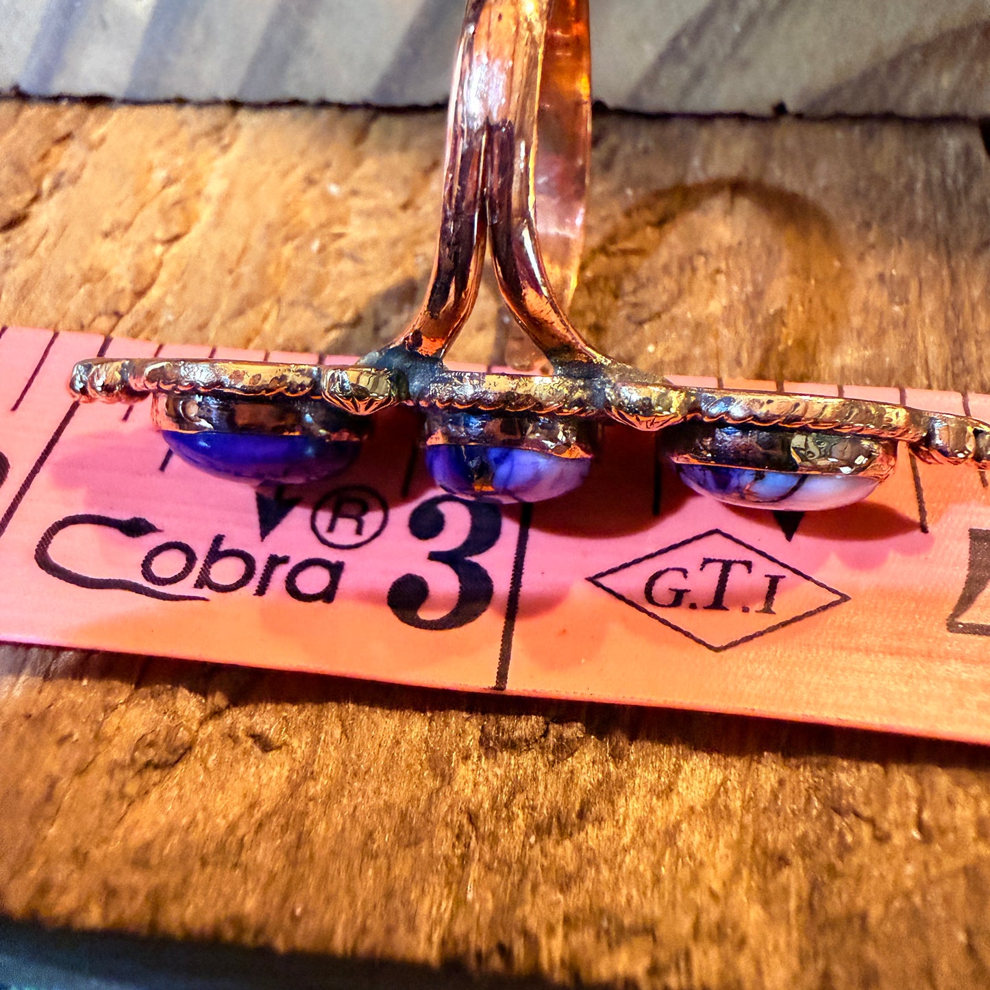 Purple Spiny Oyster Three Stone Adjustable Ring in Copper Wild West Boho