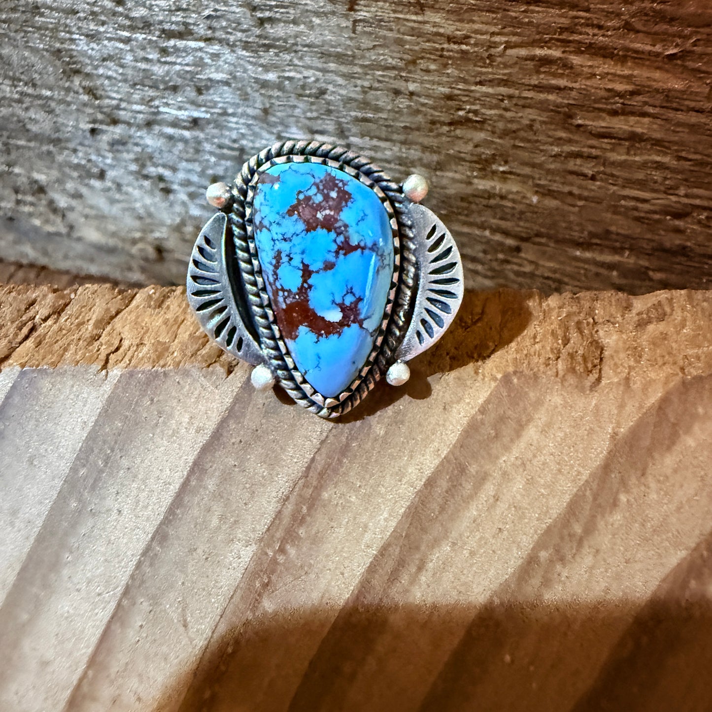 Number 8 Mine Turquoise Gemstone Wide Band Adjustable Ring, Sterling Silver Wild West Boho
