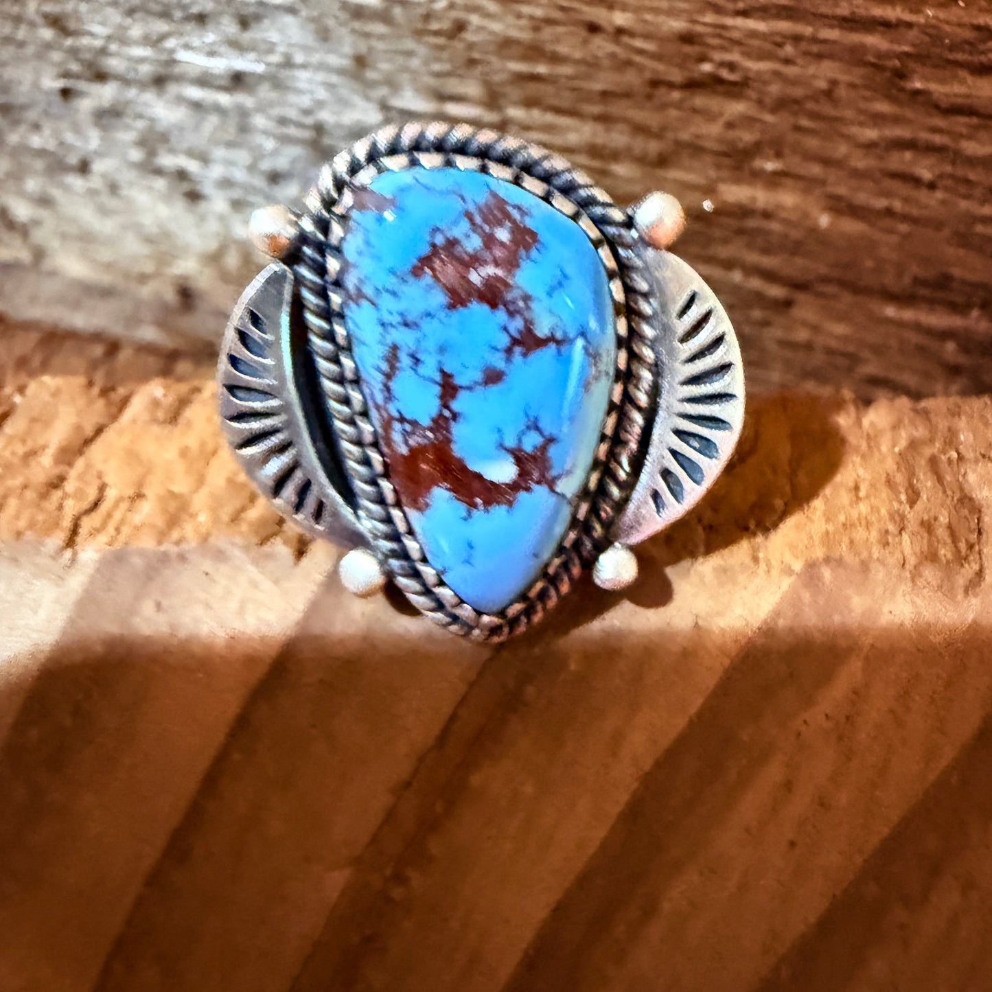 Number 8 Mine Turquoise Gemstone Wide Band Adjustable Ring, Sterling Silver Wild West Boho