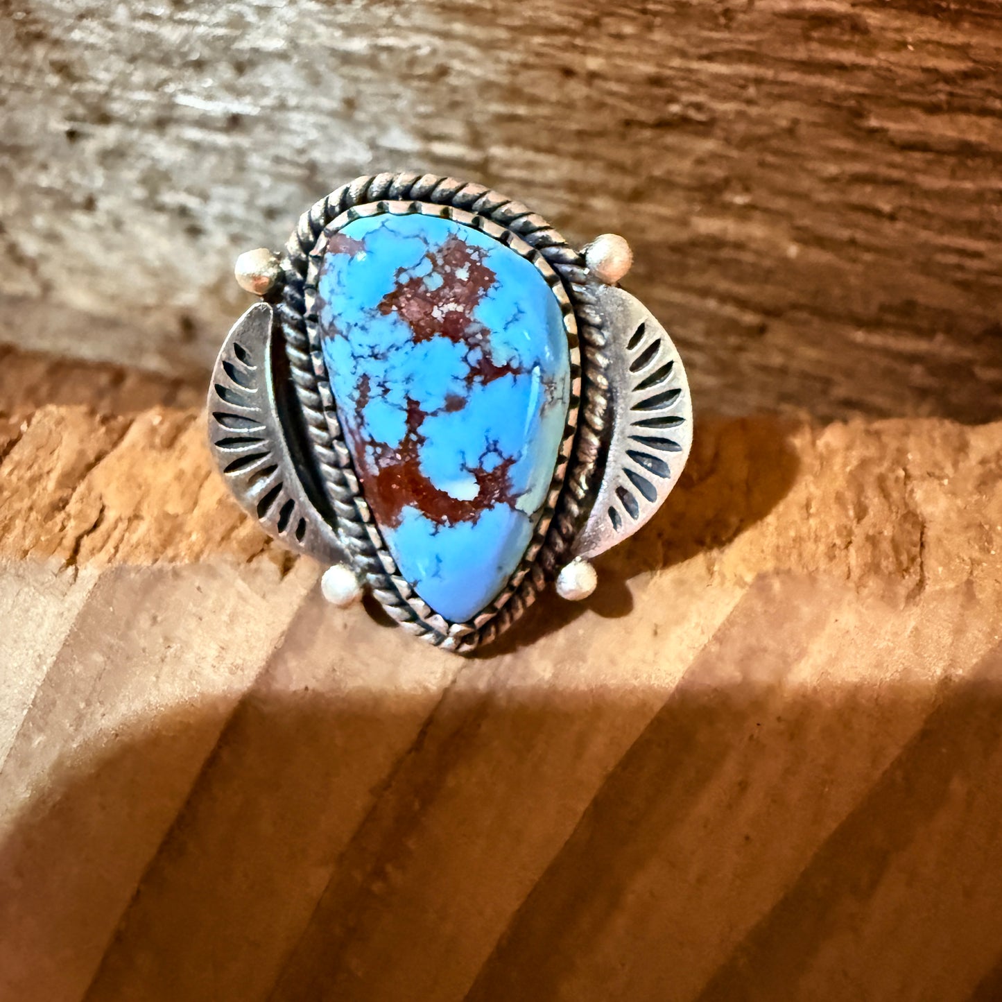 Number 8 Mine Turquoise Gemstone Wide Band Adjustable Ring, Sterling Silver Wild West Boho