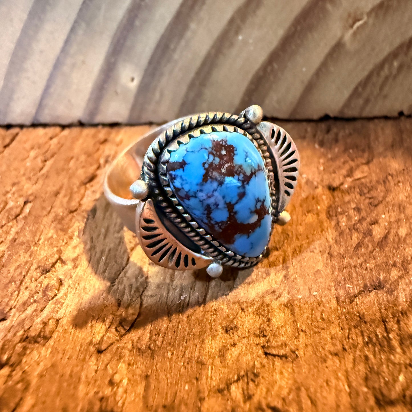 Number 8 Mine Turquoise Gemstone Wide Band Adjustable Ring, Sterling Silver Wild West Boho