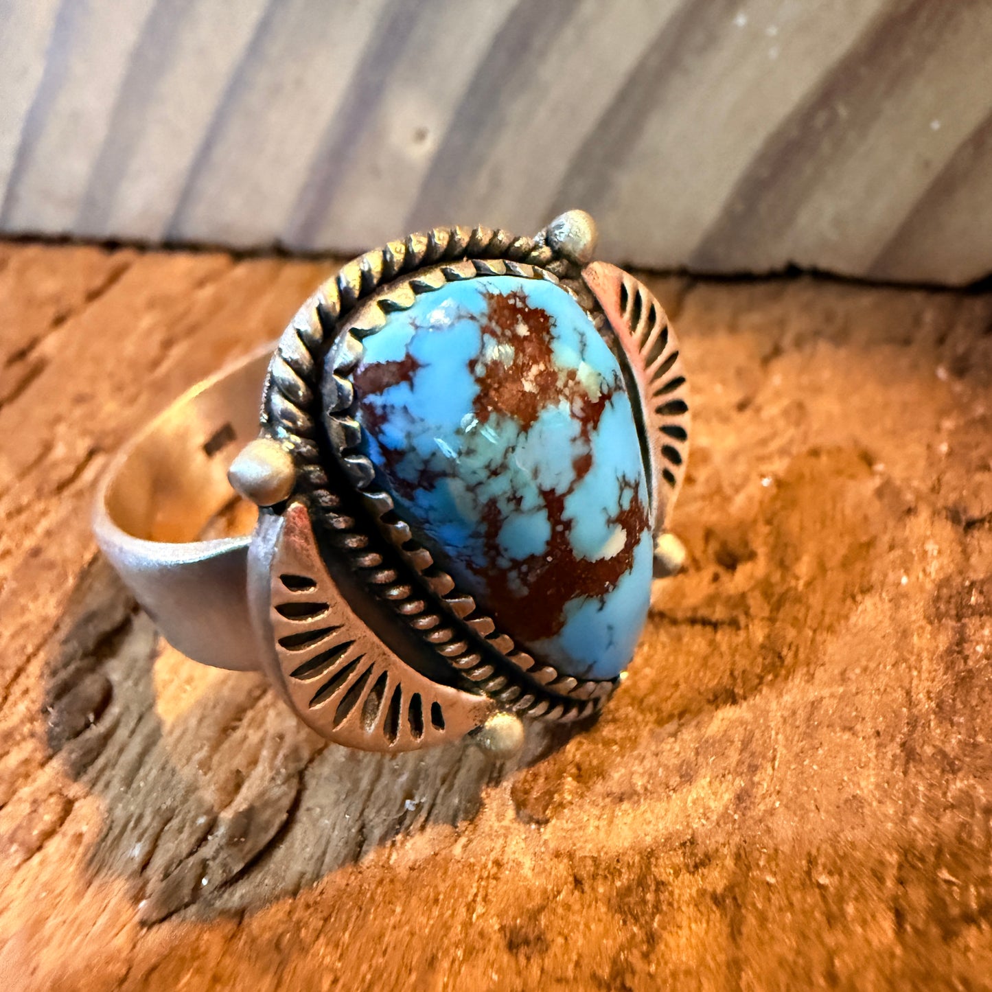 Number 8 Mine Turquoise Gemstone Wide Band Adjustable Ring, Sterling Silver Wild West Boho