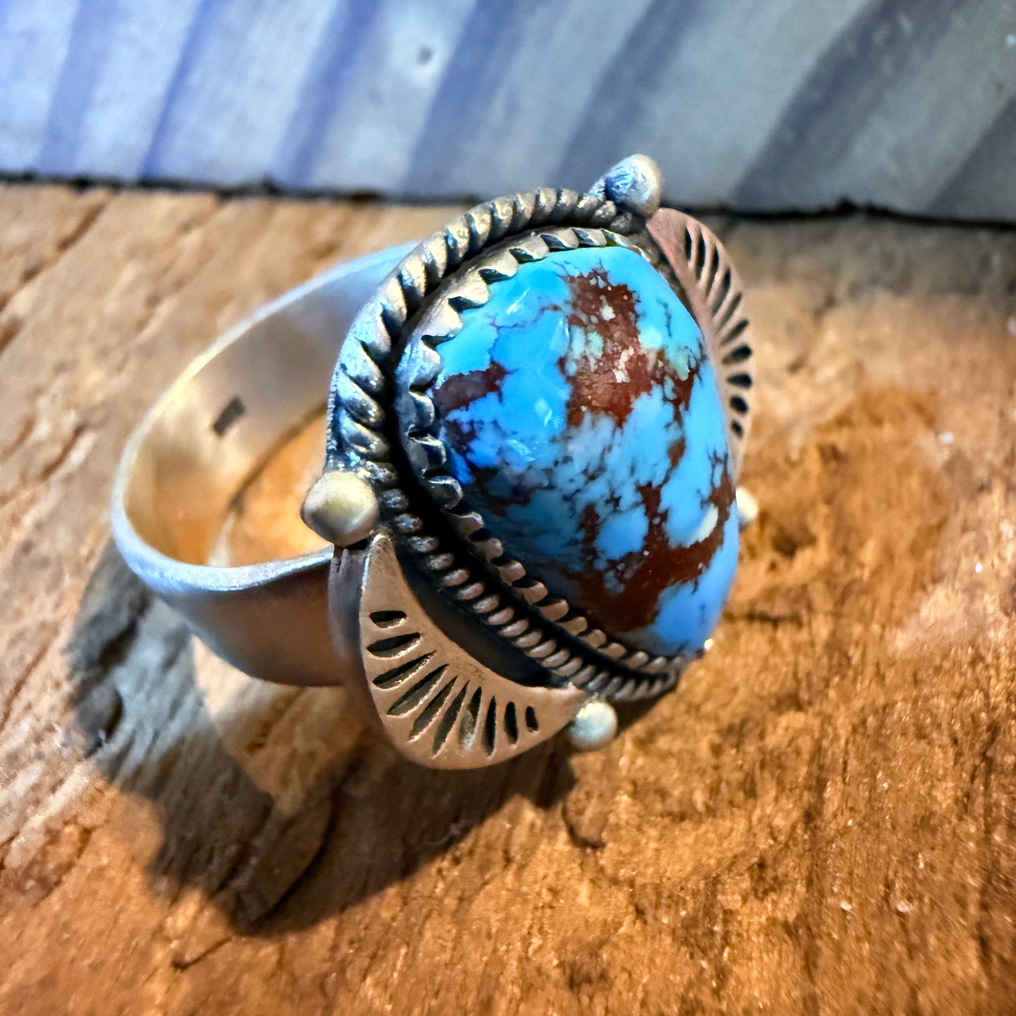 Number 8 Mine Turquoise Gemstone Wide Band Adjustable Ring, Sterling Silver Wild West Boho
