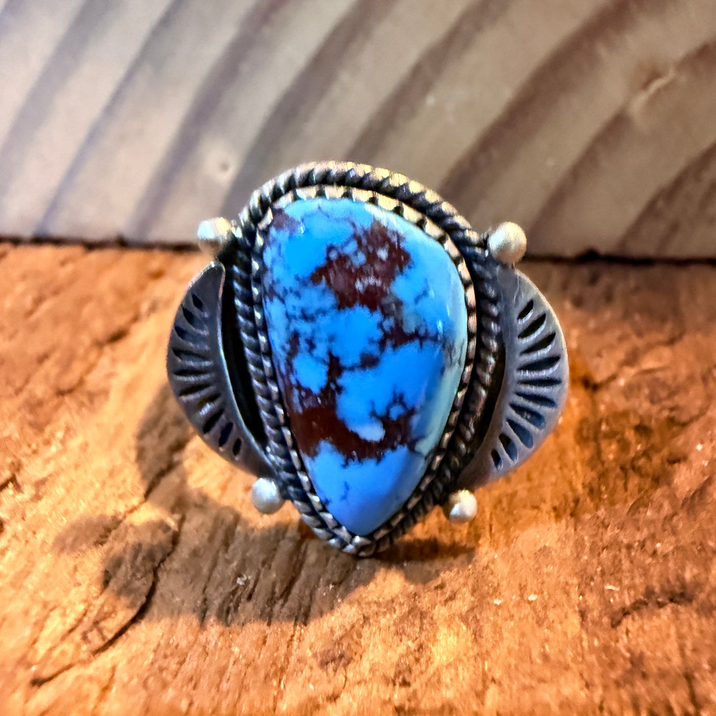 Number 8 Mine Turquoise Gemstone Wide Band Adjustable Ring, Sterling Silver Wild West Boho