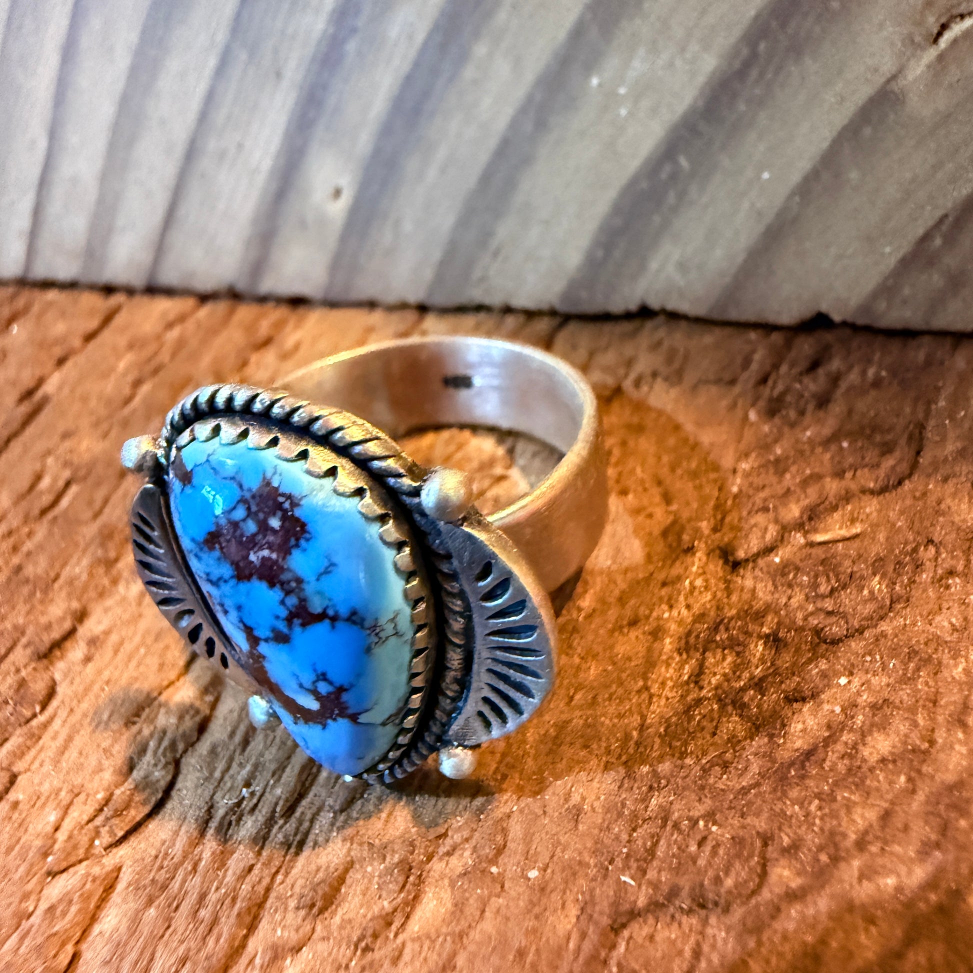 Number 8 Mine Turquoise Gemstone Wide Band Adjustable Ring, Sterling Silver Wild West Boho
