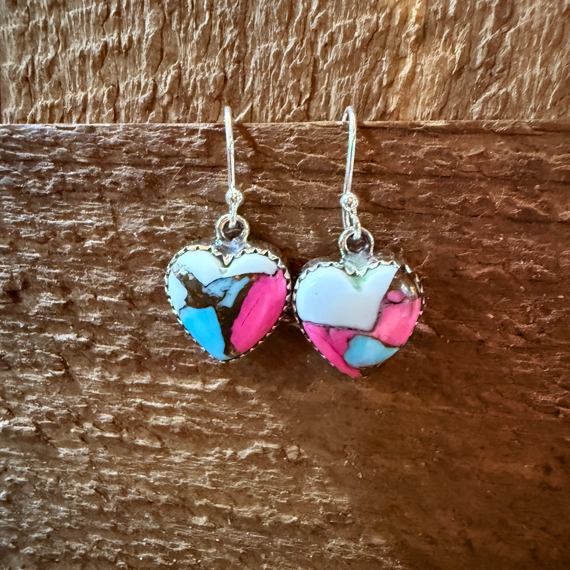 Cotton Candy Turquoise Dahlia Heart Wire Drop Earrings, Sterling Silver Wild West Boho