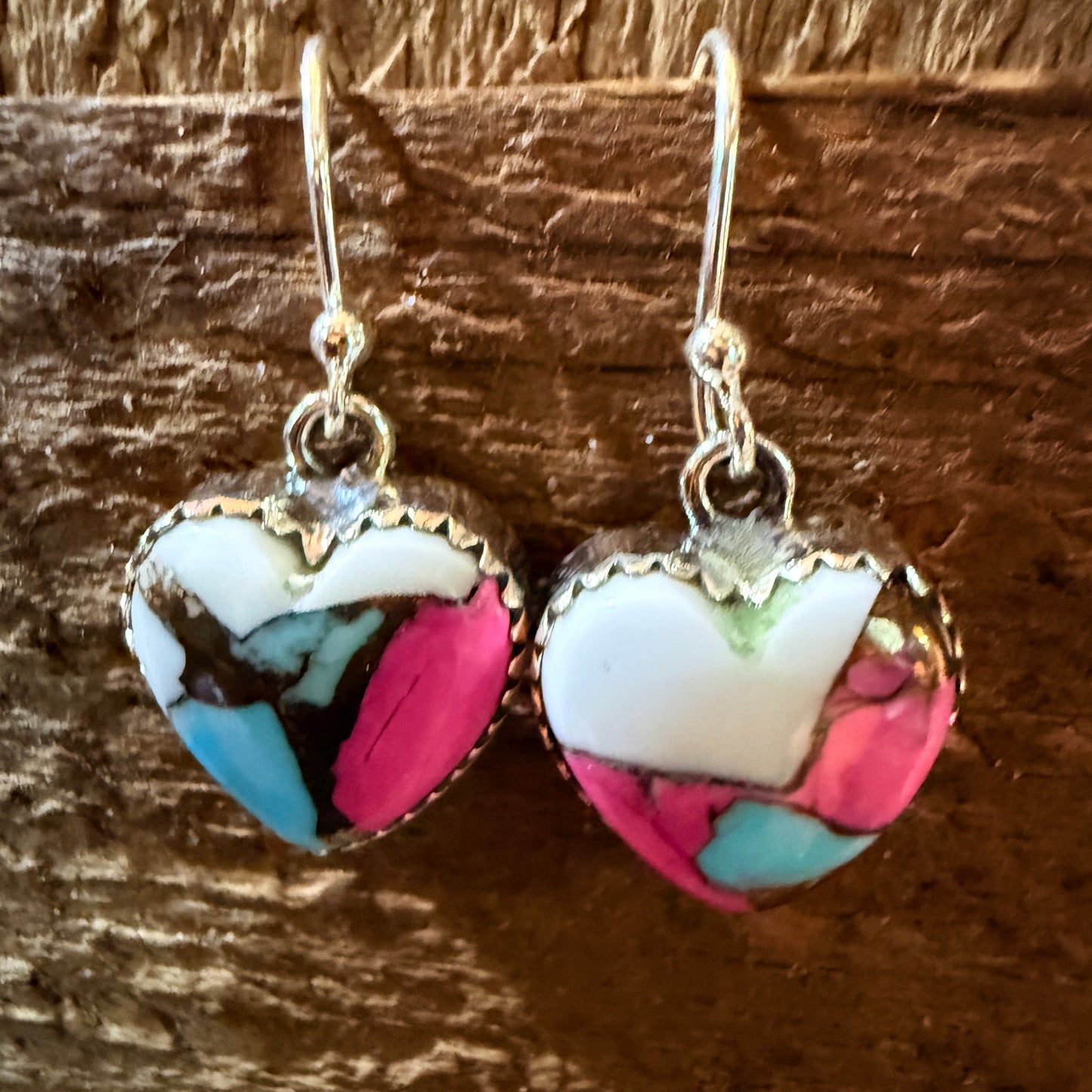 Cotton Candy Turquoise Dahlia Heart Wire Drop Earrings, Sterling Silver Wild West Boho