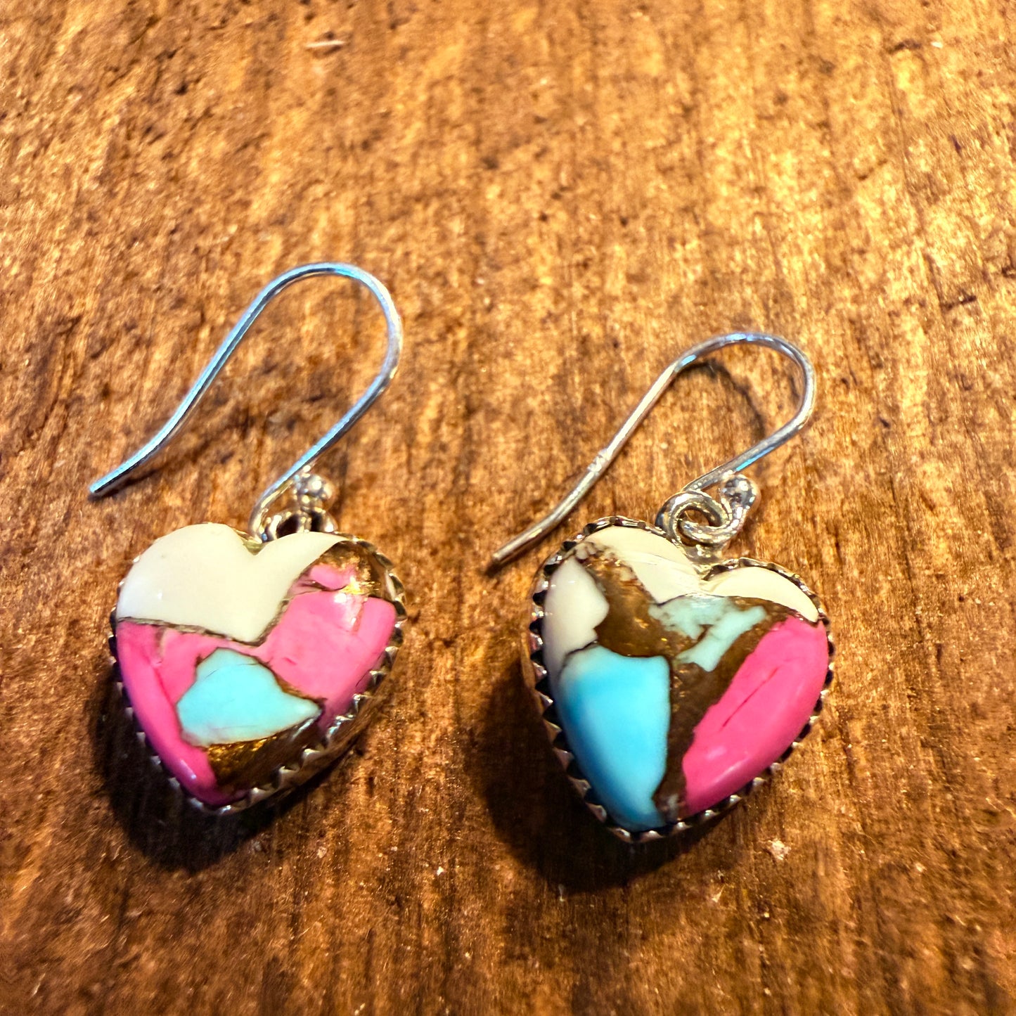 Cotton Candy Turquoise Dahlia Heart Wire Drop Earrings, Sterling Silver Wild West Boho