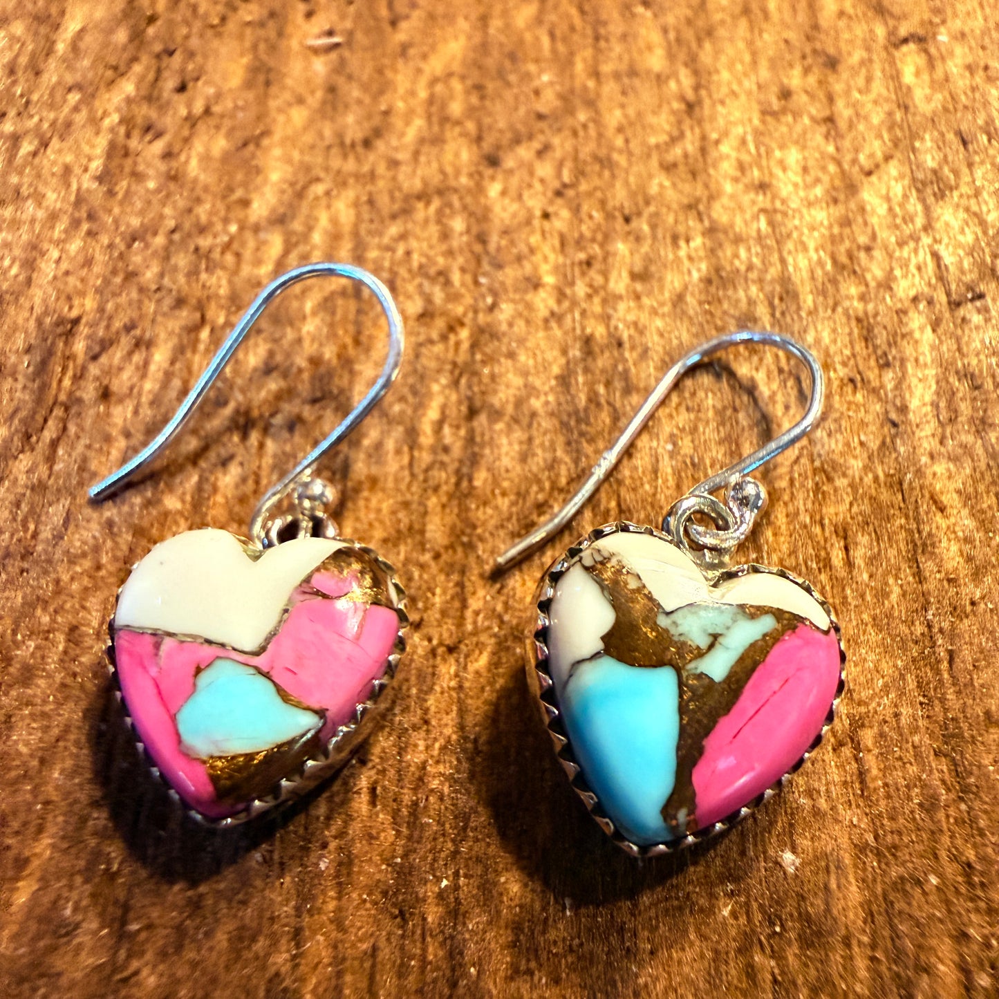 Cotton Candy Turquoise Dahlia Heart Wire Drop Earrings, Sterling Silver Wild West Boho