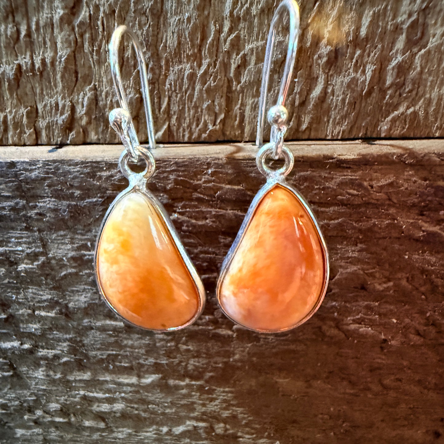 Orange Spiny Oyster Open Back Wire Dangle Earring, Sterling Silver Wild West Boho