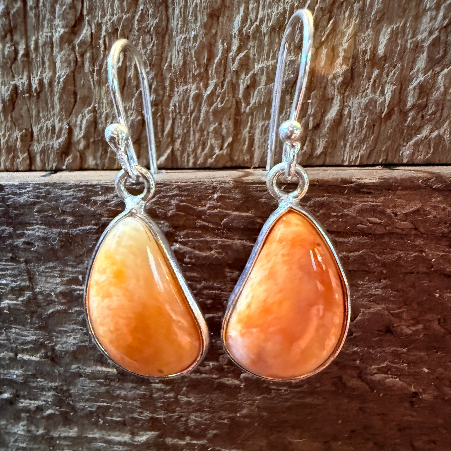 Orange Spiny Oyster Open Back Wire Dangle Earring, Sterling Silver Wild West Boho