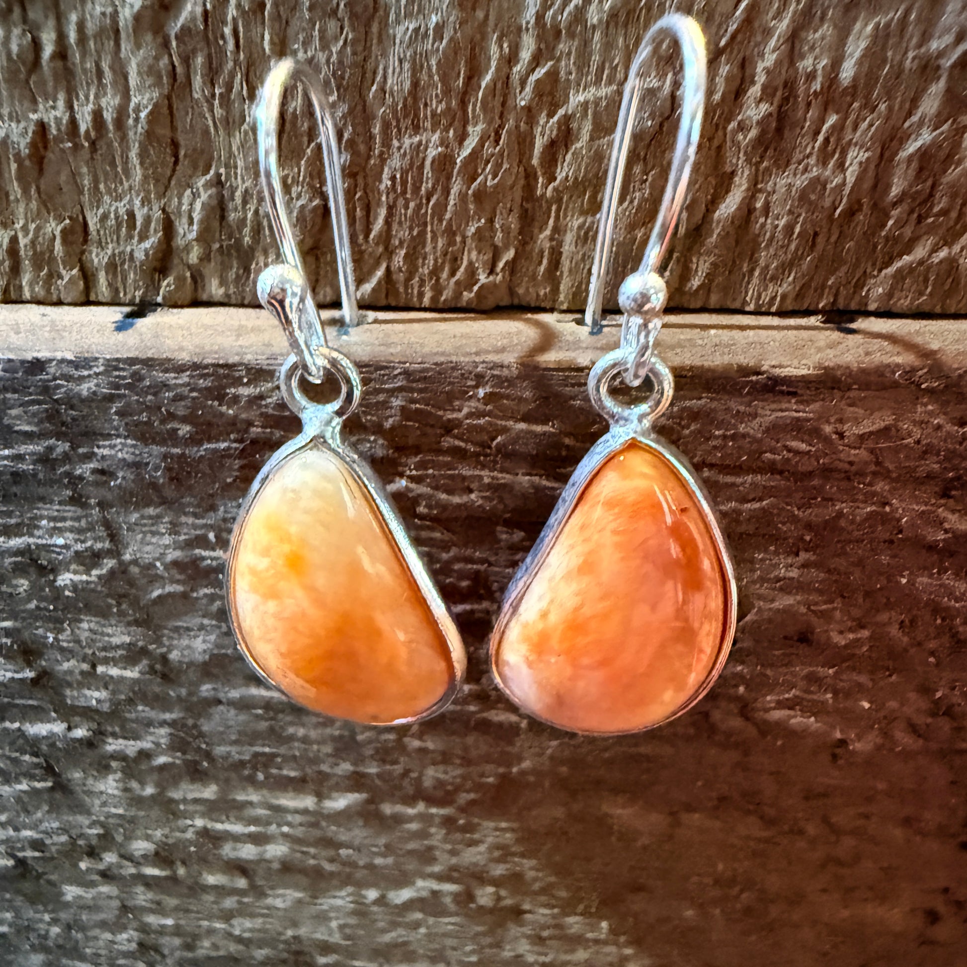 Orange Spiny Oyster Open Back Wire Dangle Earring, Sterling Silver Wild West Boho