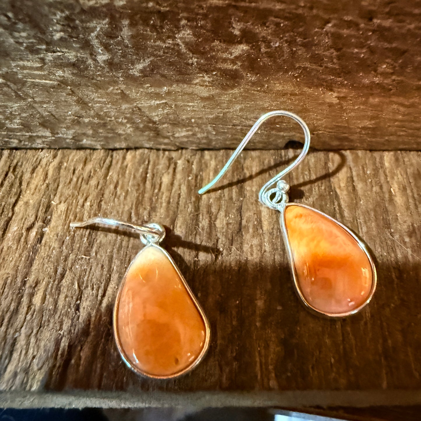 Orange Spiny Oyster Open Back Wire Dangle Earring, Sterling Silver Wild West Boho