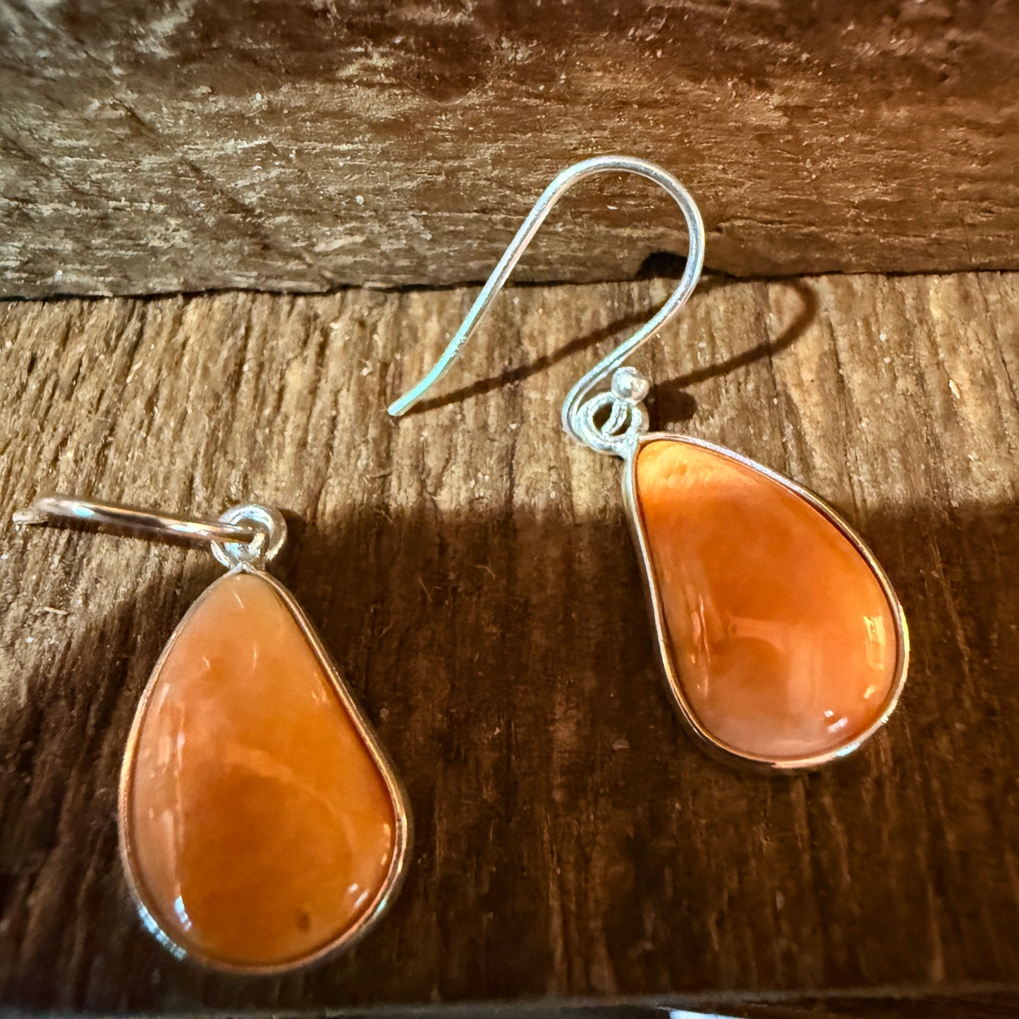 Orange Spiny Oyster Open Back Wire Dangle Earring, Sterling Silver Wild West Boho