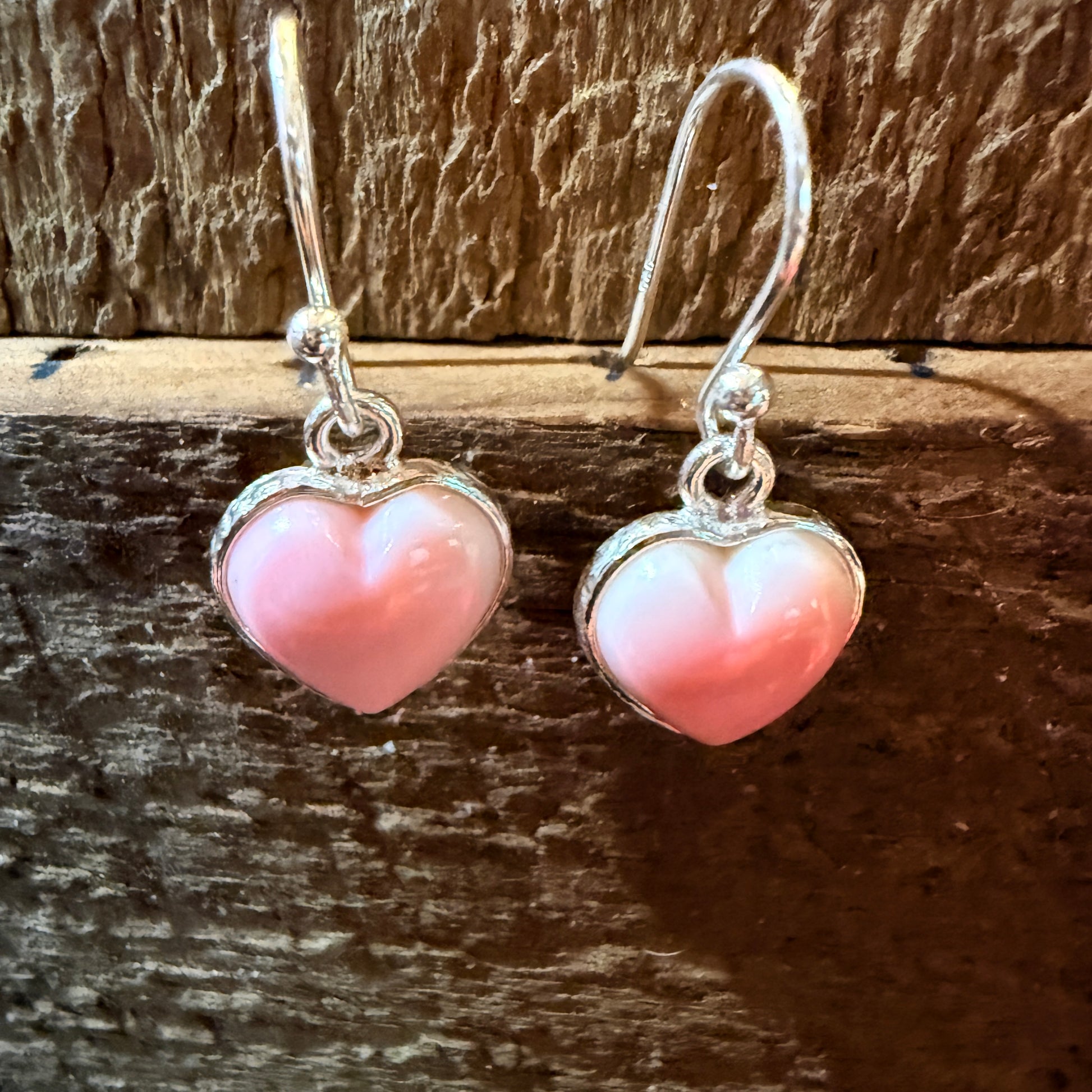 Pink Conch Open Back Wire Drop Heart Earrings, Sterling Silver Wild West Boho
