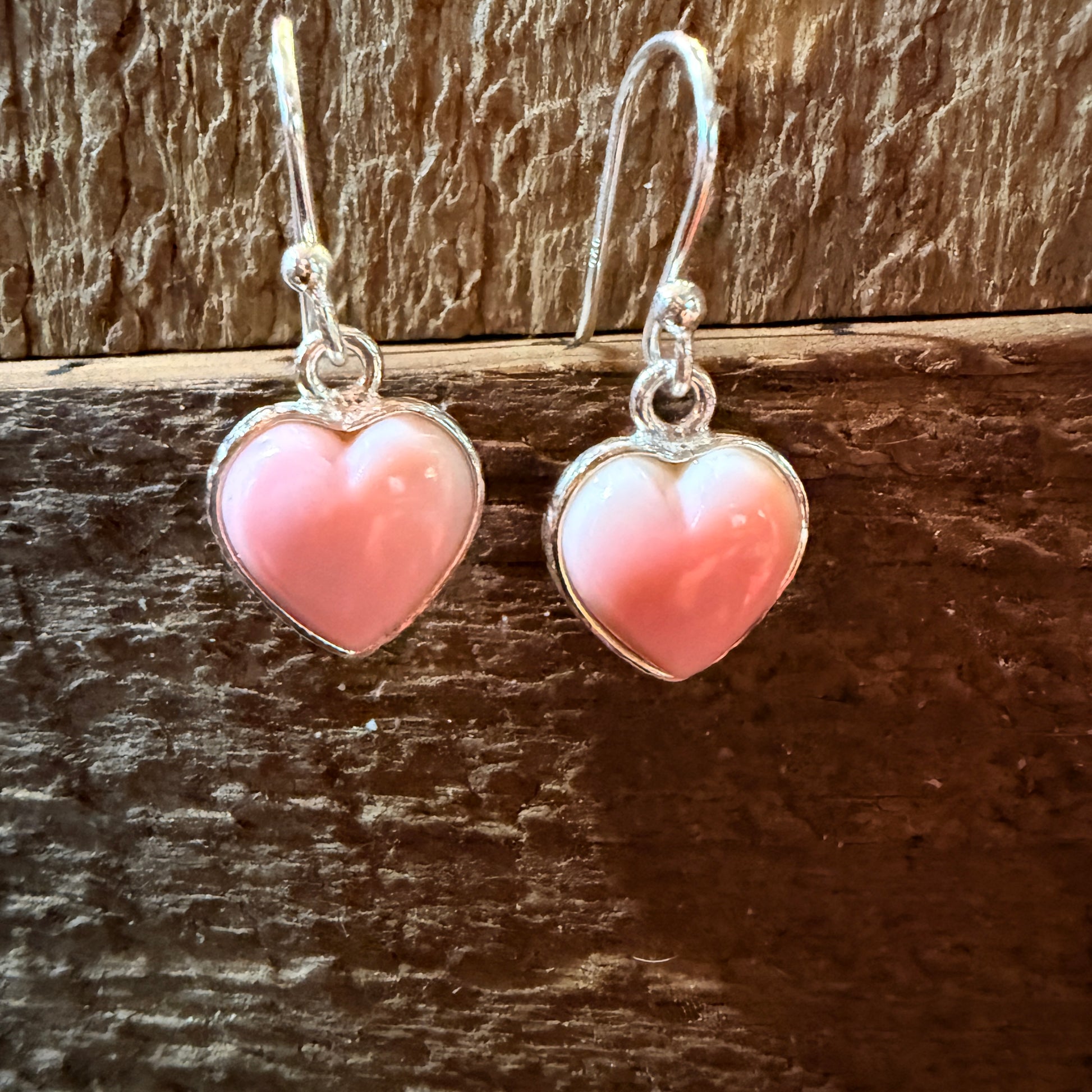 Pink Conch Open Back Wire Drop Heart Earrings, Sterling Silver Wild West Boho