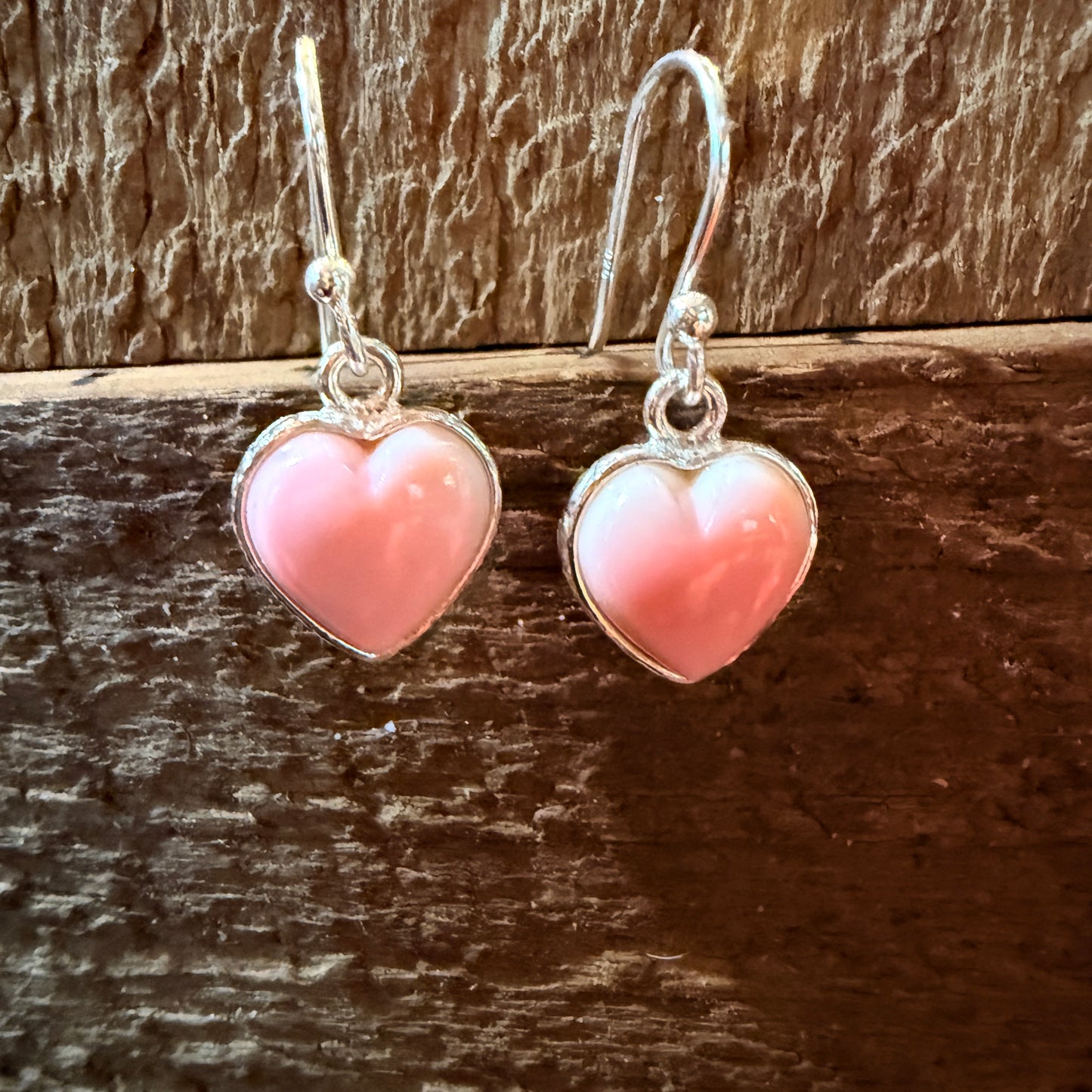 Pink Conch Open Back Wire Drop Heart Earrings, Sterling Silver Wild West Boho
