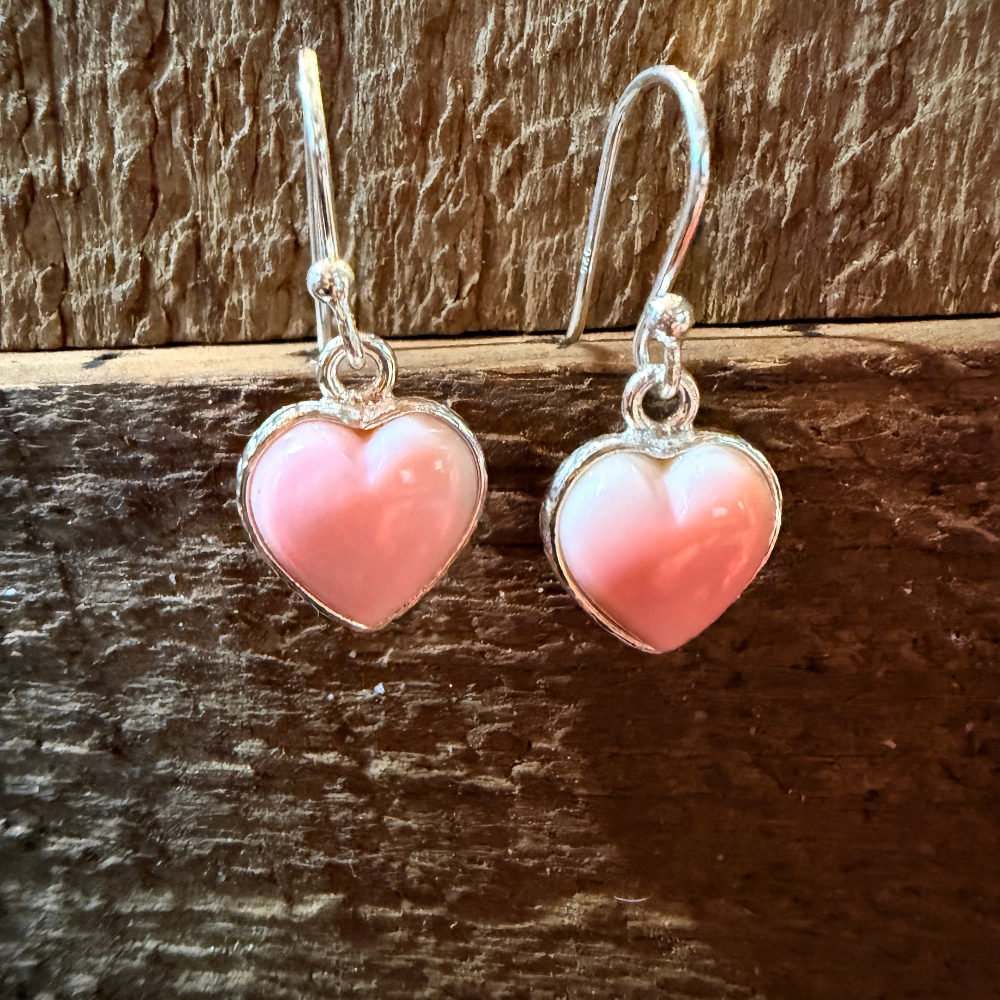 Pink Conch Open Back Wire Drop Heart Earrings, Sterling Silver Wild West Boho