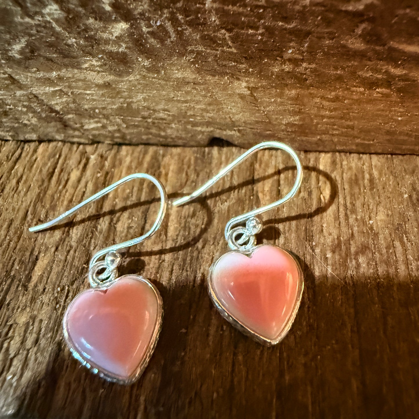 Pink Conch Open Back Wire Drop Heart Earrings, Sterling Silver Wild West Boho