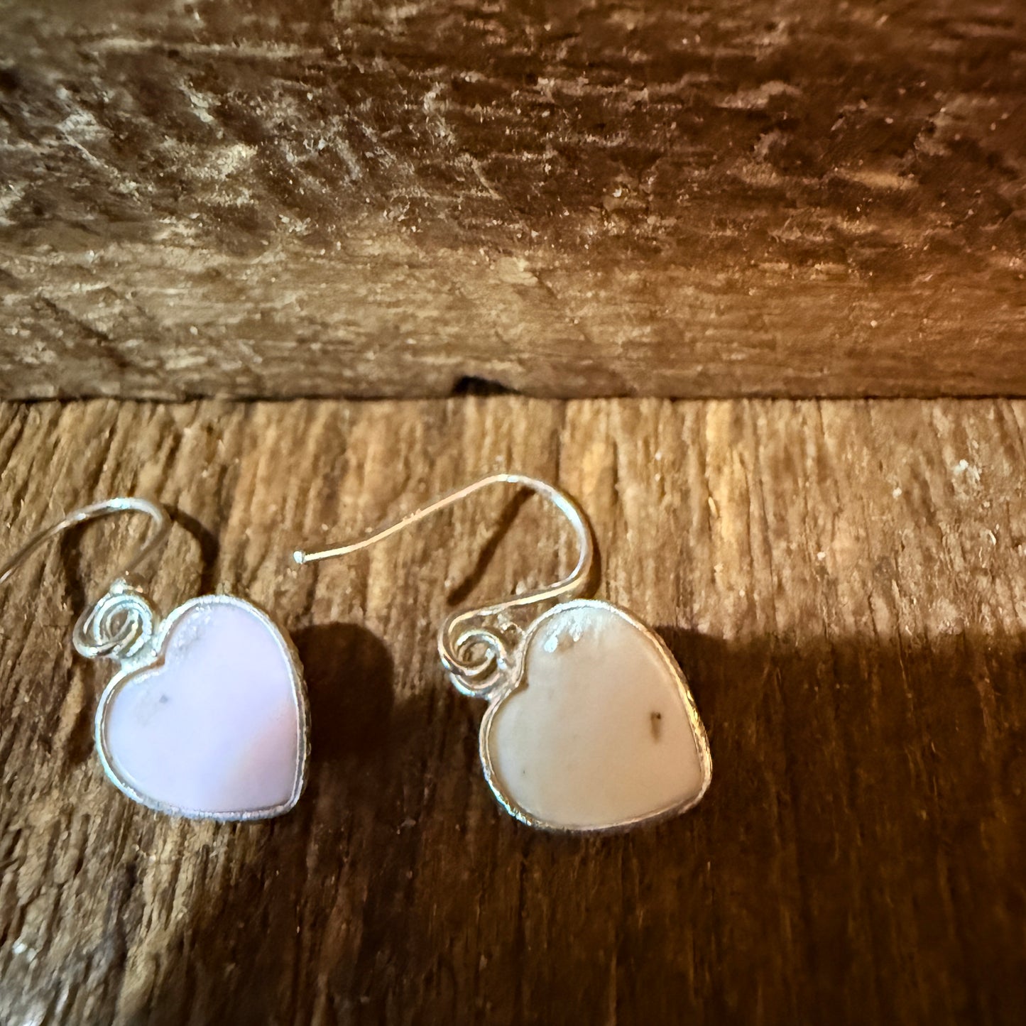 Pink Conch Open Back Wire Drop Heart Earrings, Sterling Silver Wild West Boho