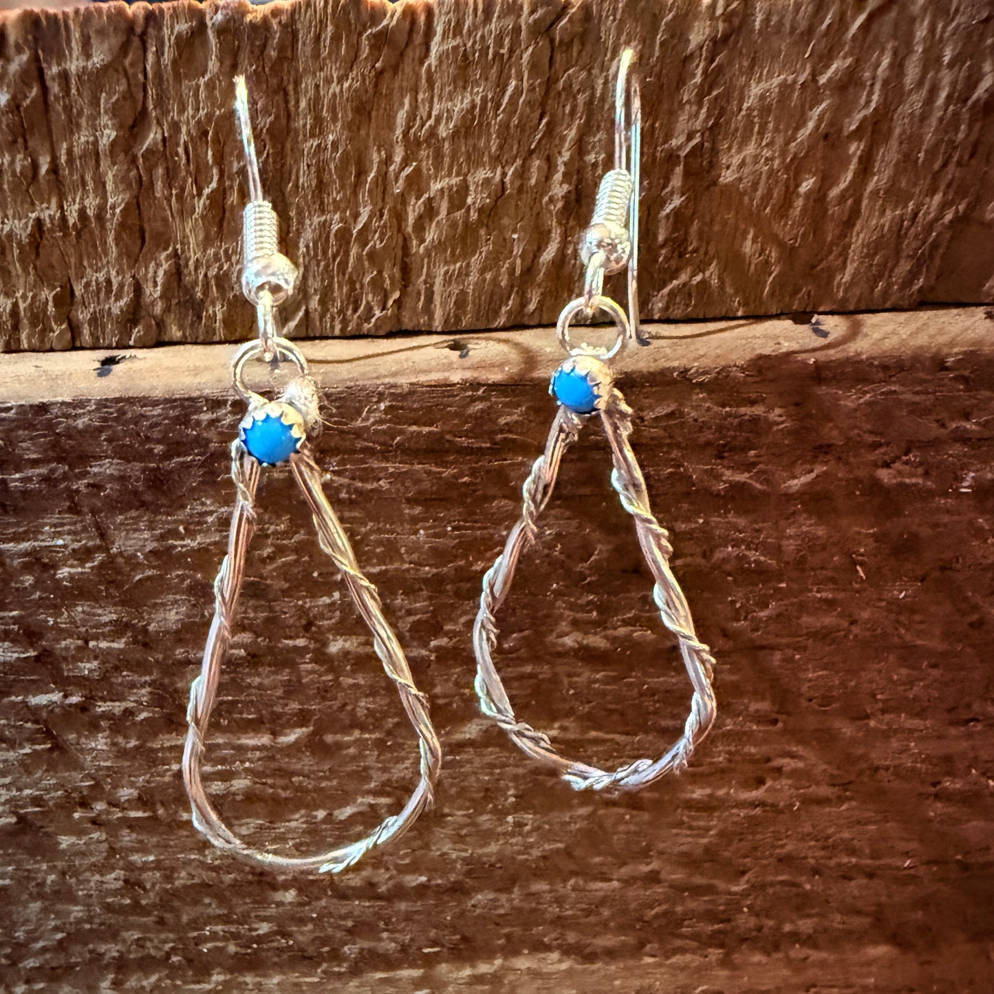 Turquoise Tiny Stone Hoop Wire Drop Earrings, Sterling Silver Wild West Boho