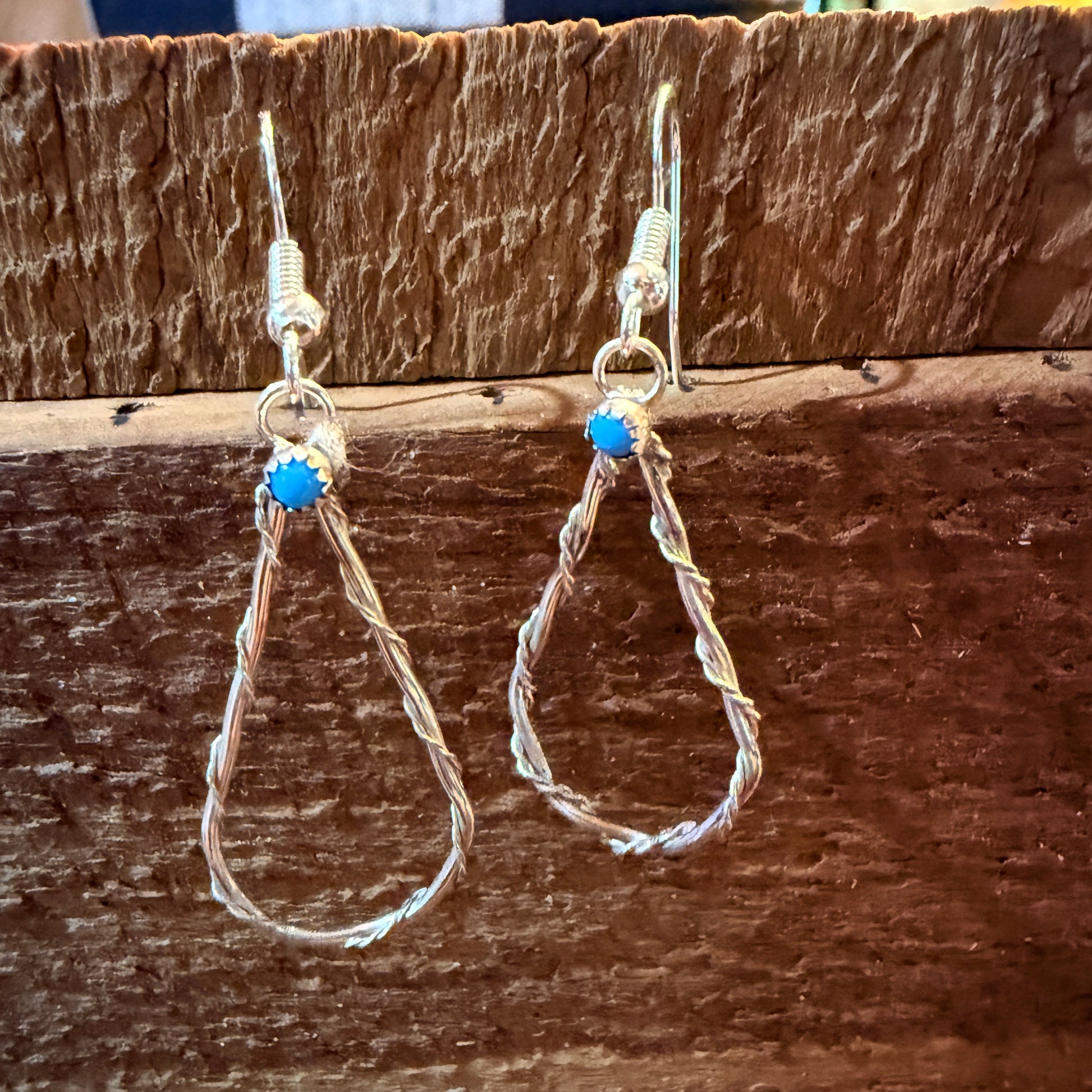 Turquoise Tiny Stone Hoop Wire Drop Earrings, Sterling Silver Wild West Boho