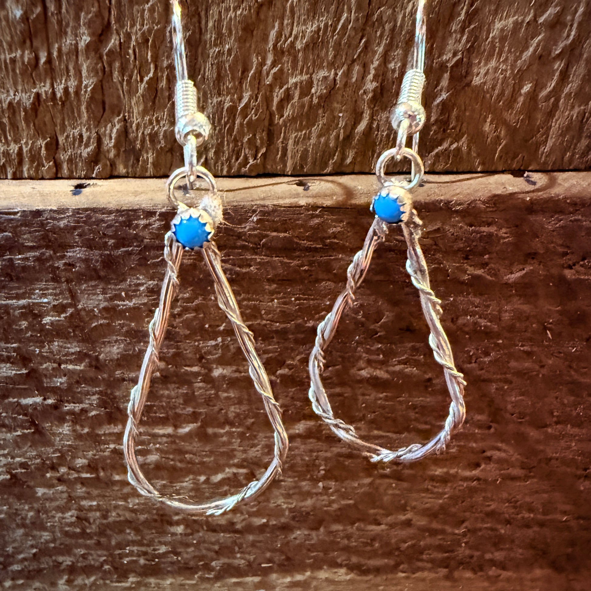 Turquoise Tiny Stone Hoop Wire Drop Earrings, Sterling Silver Wild West Boho