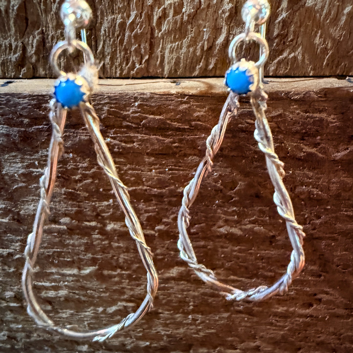 Turquoise Tiny Stone Hoop Wire Drop Earrings, Sterling Silver Wild West Boho