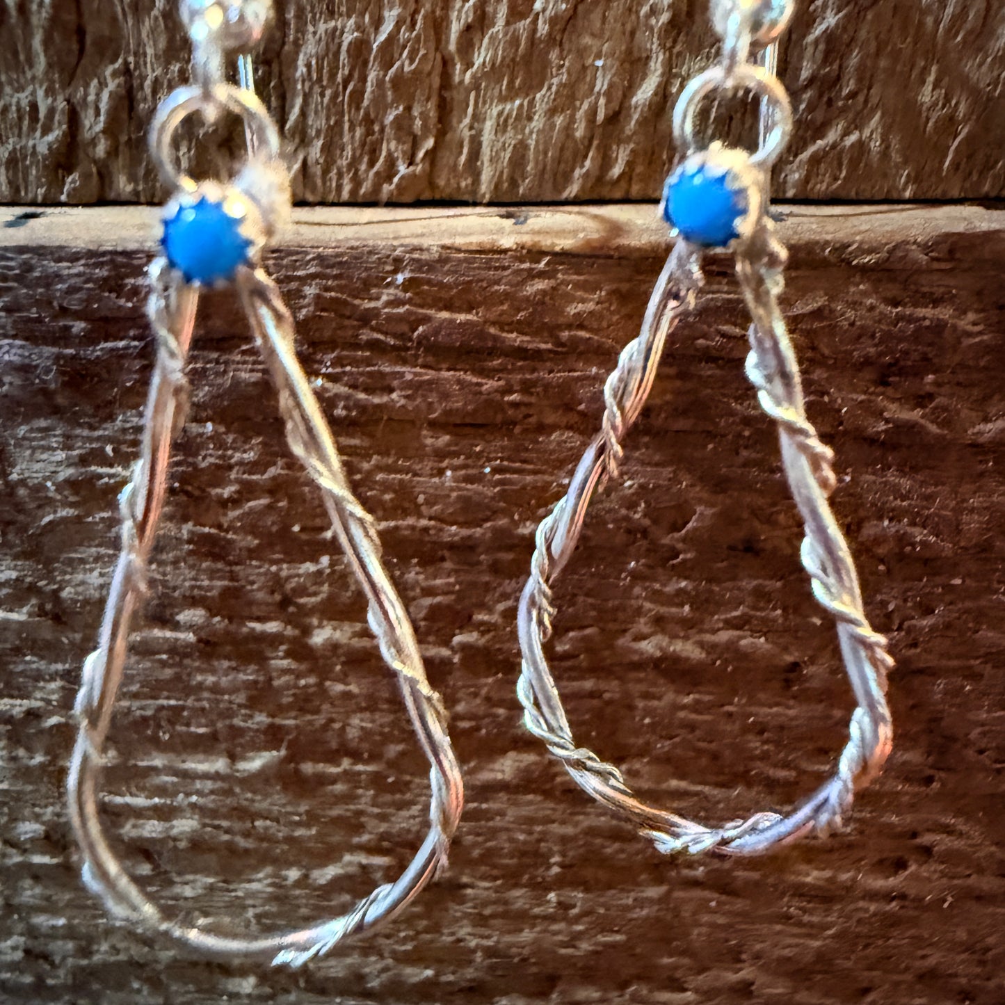 Turquoise Tiny Stone Hoop Wire Drop Earrings, Sterling Silver Wild West Boho