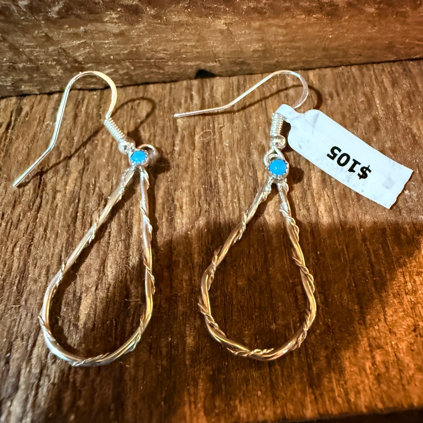 Turquoise Tiny Stone Hoop Wire Drop Earrings, Sterling Silver Wild West Boho