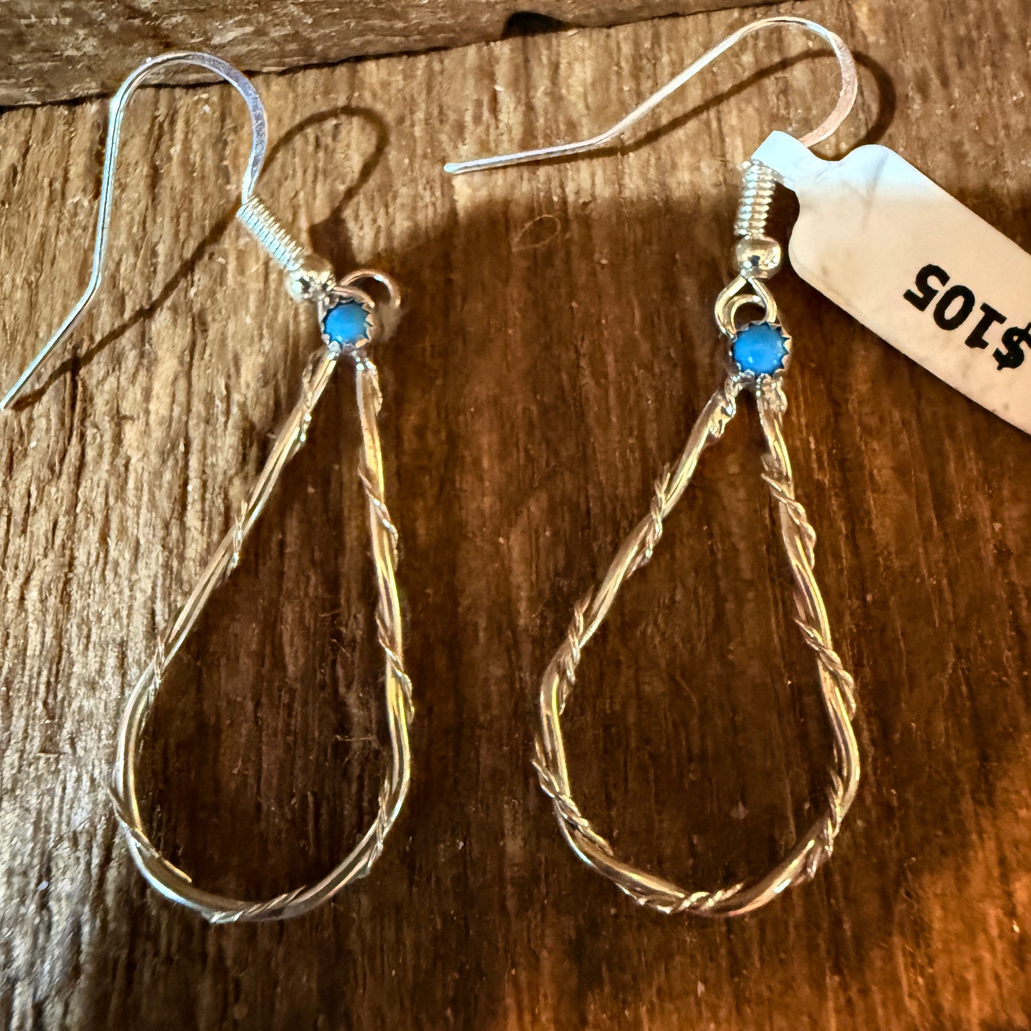 Turquoise Tiny Stone Hoop Wire Drop Earrings, Sterling Silver Wild West Boho