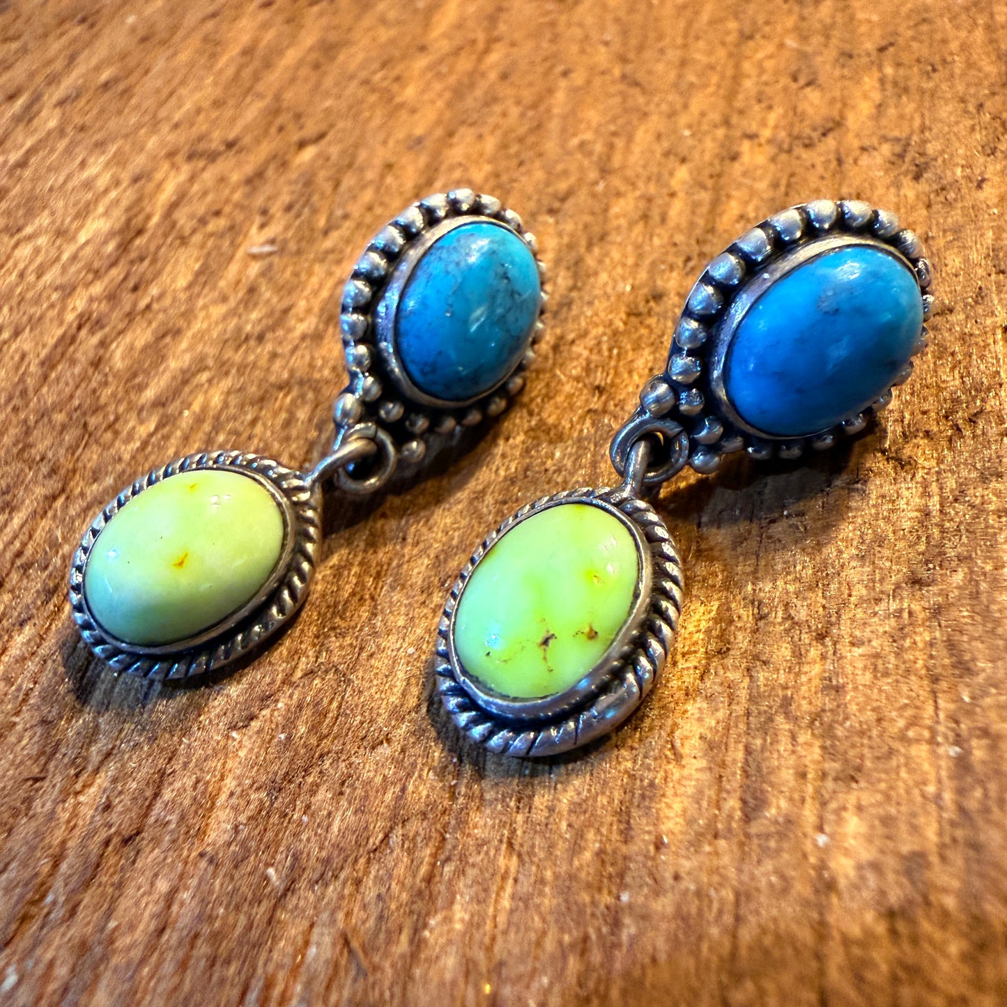 Kingman Turquoise and Palomino Gemstone Drop Earring Studs, Sterling Silver Wild West Boho