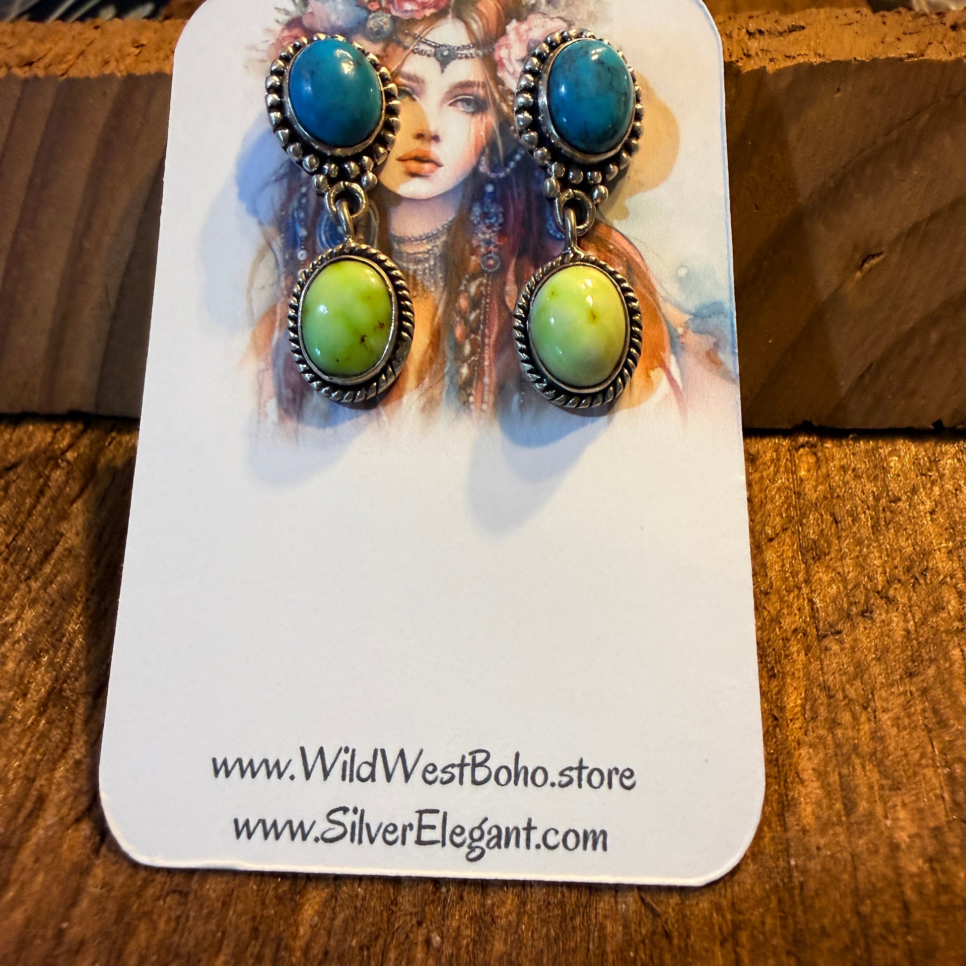 Kingman Turquoise and Palomino Gemstone Drop Earring Studs, Sterling Silver Wild West Boho