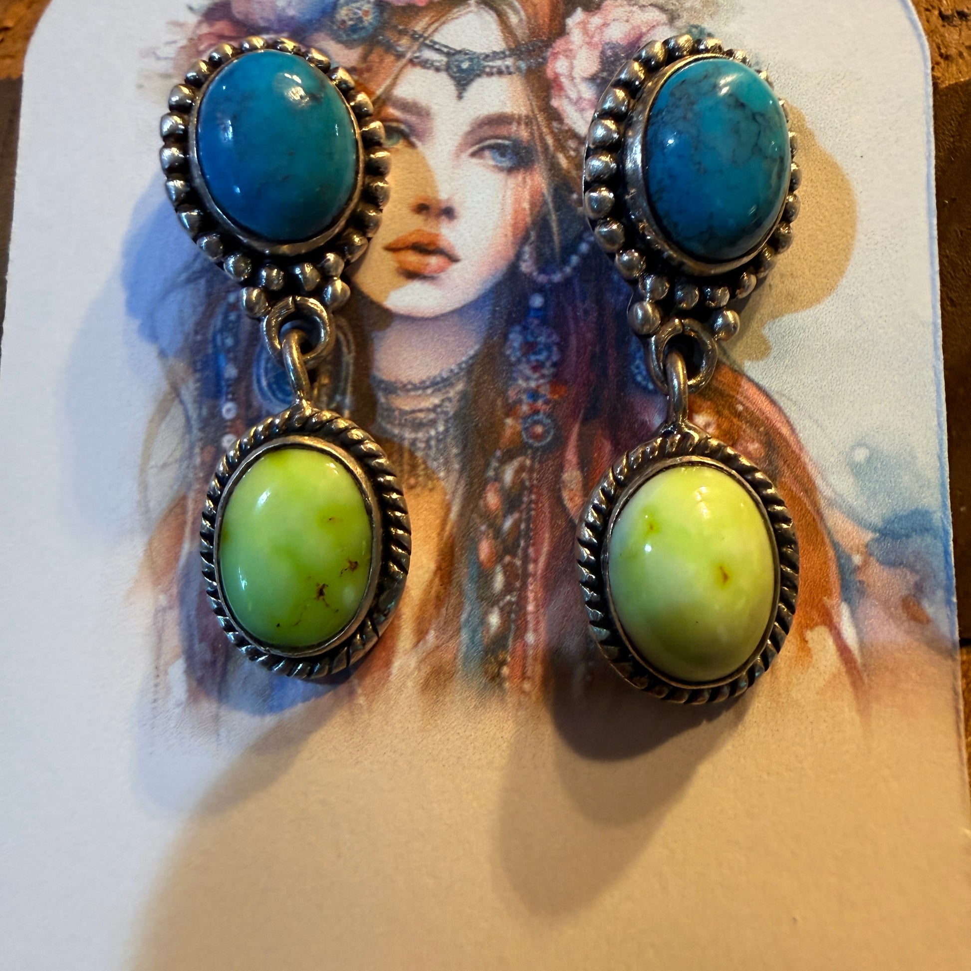 Kingman Turquoise and Palomino Gemstone Drop Earring Studs, Sterling Silver Wild West Boho