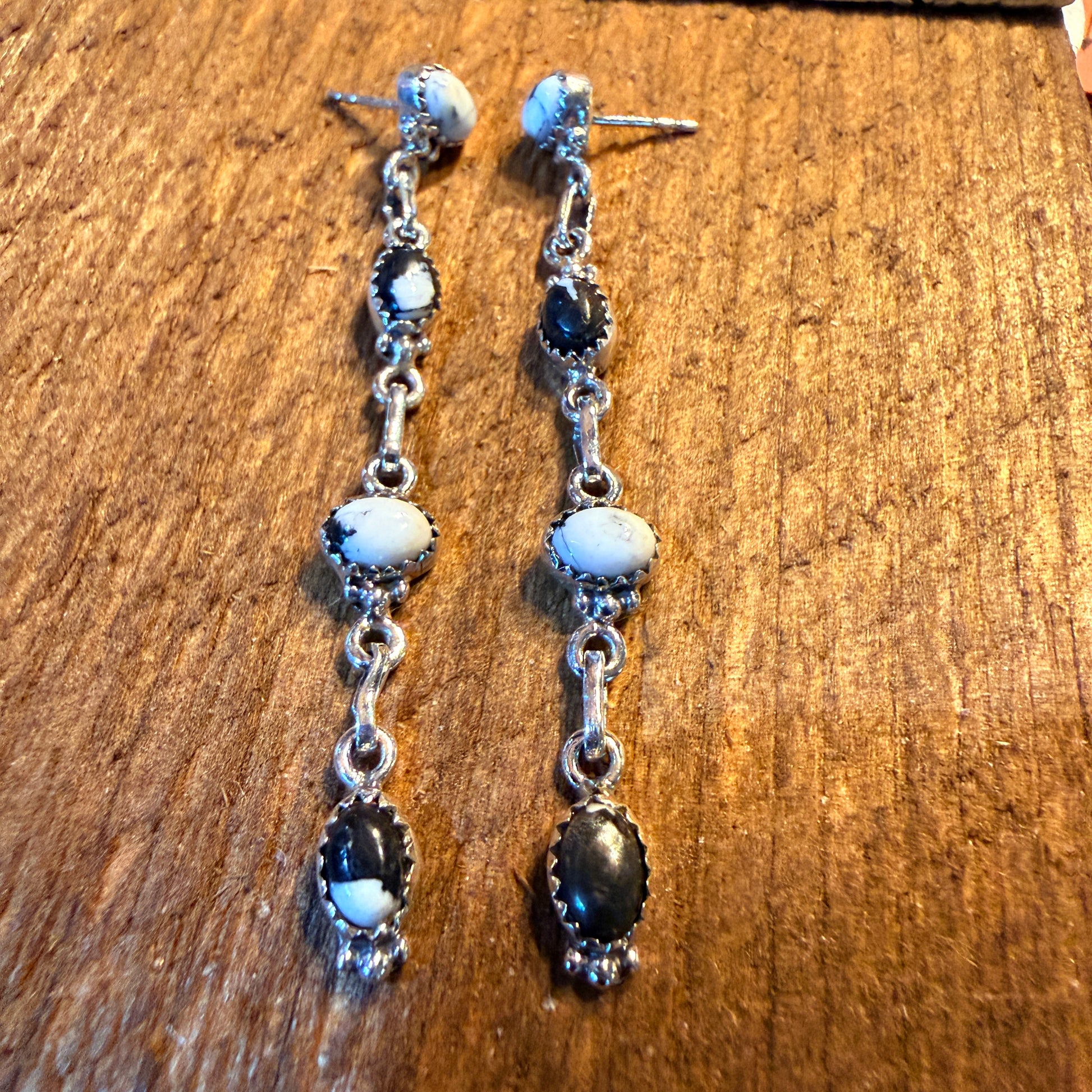 White Buffalo Turquoise Dahlia 3 Inch Drop Stud Earrings, Sterling Silver Wild West Boho