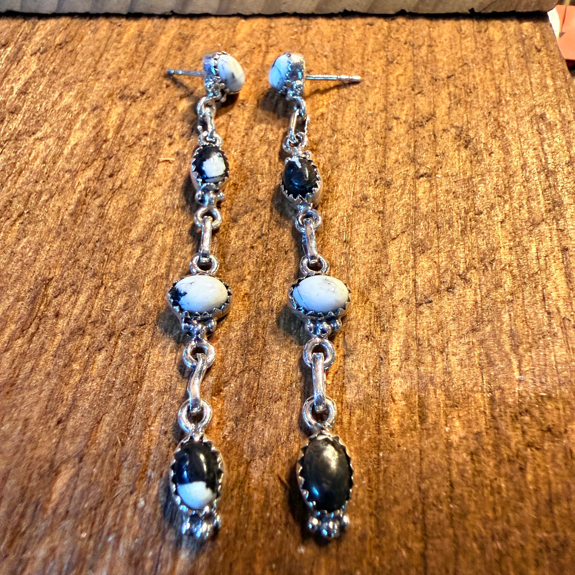 White Buffalo Turquoise Dahlia 3 Inch Drop Stud Earrings, Sterling Silver Wild West Boho