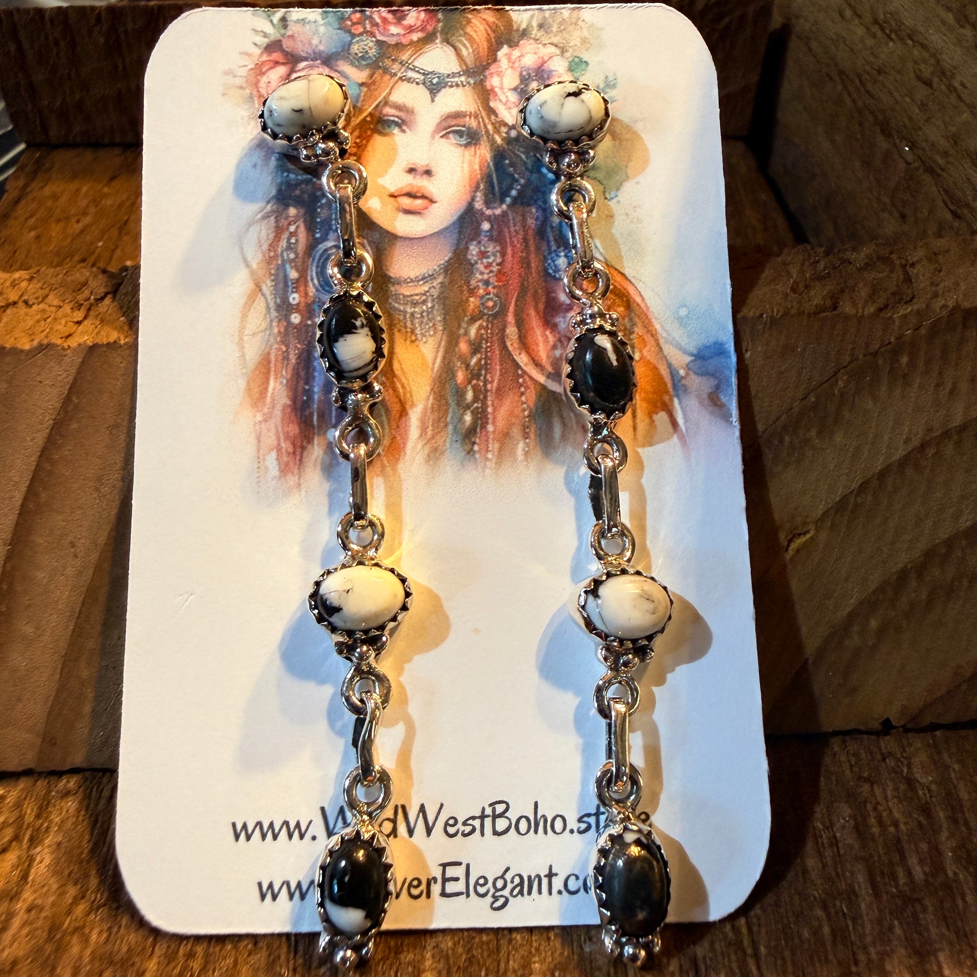 White Buffalo Turquoise Dahlia 3 Inch Drop Stud Earrings, Sterling Silver Wild West Boho