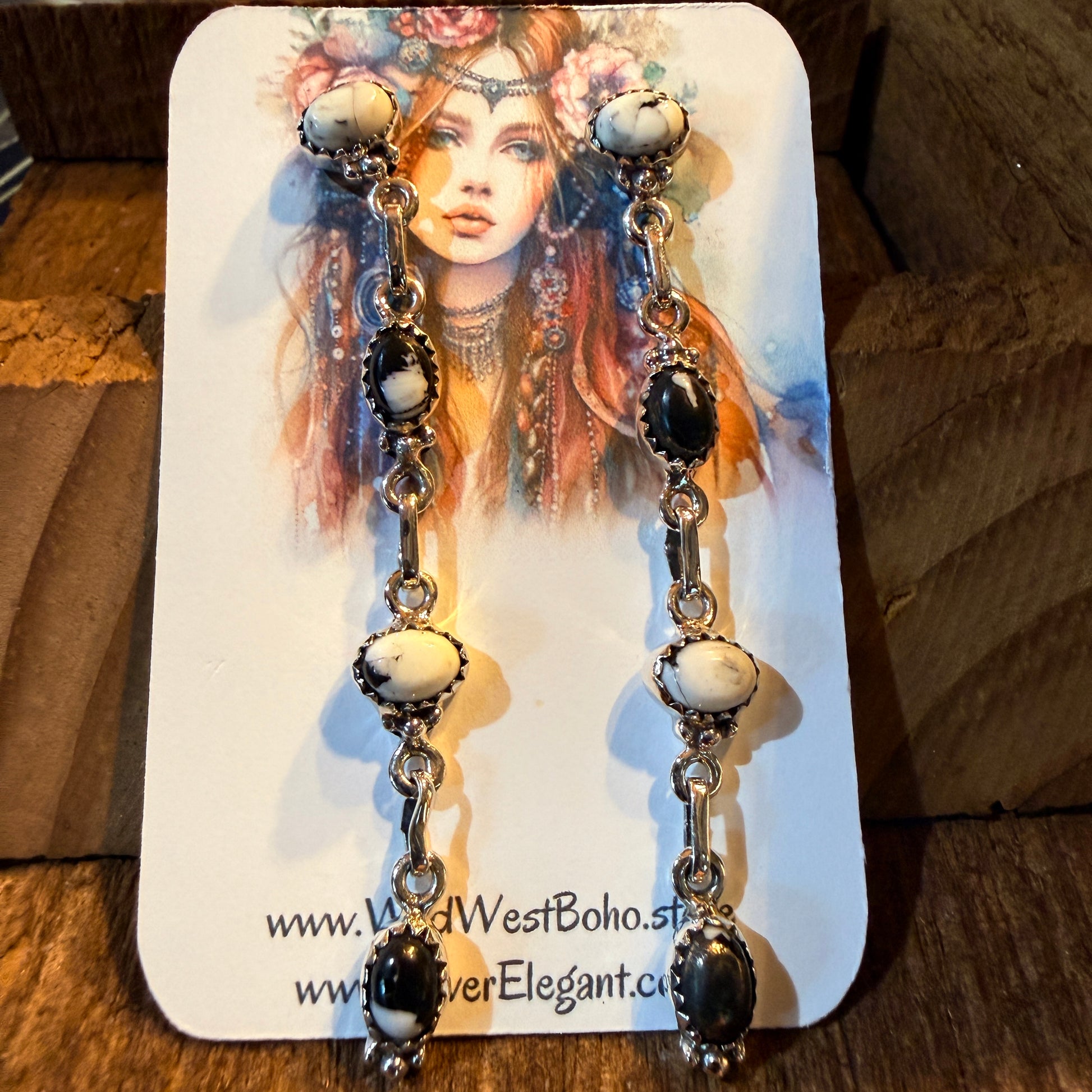 White Buffalo Turquoise Dahlia 3 Inch Drop Stud Earrings, Sterling Silver Wild West Boho