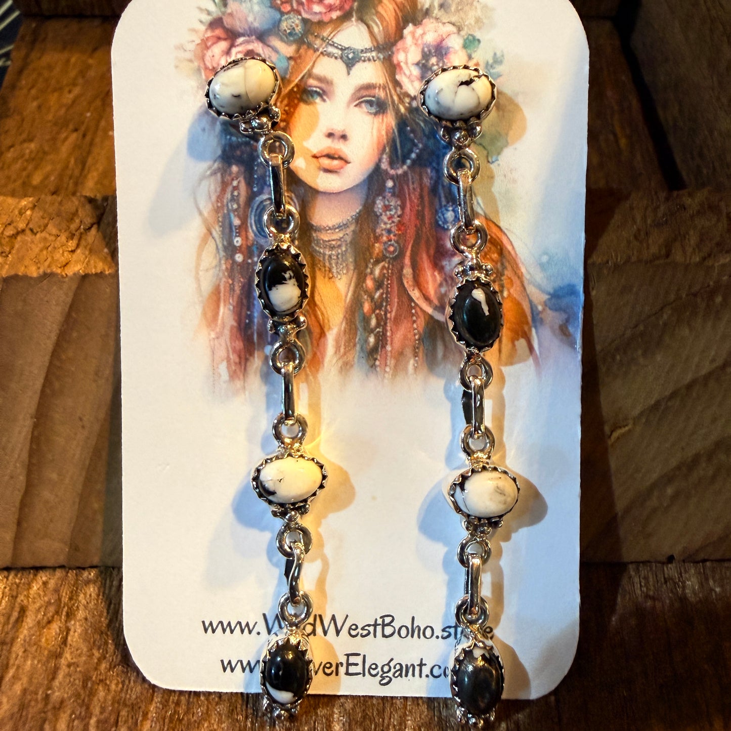 White Buffalo Turquoise Dahlia 3 Inch Drop Stud Earrings, Sterling Silver Wild West Boho