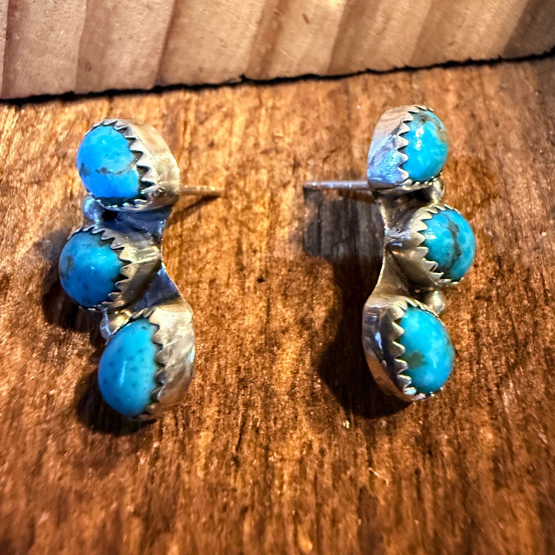 Blue Turquoise Gemstone Half Cluster Stud Earrings, Sterling Silver Wild West Boho