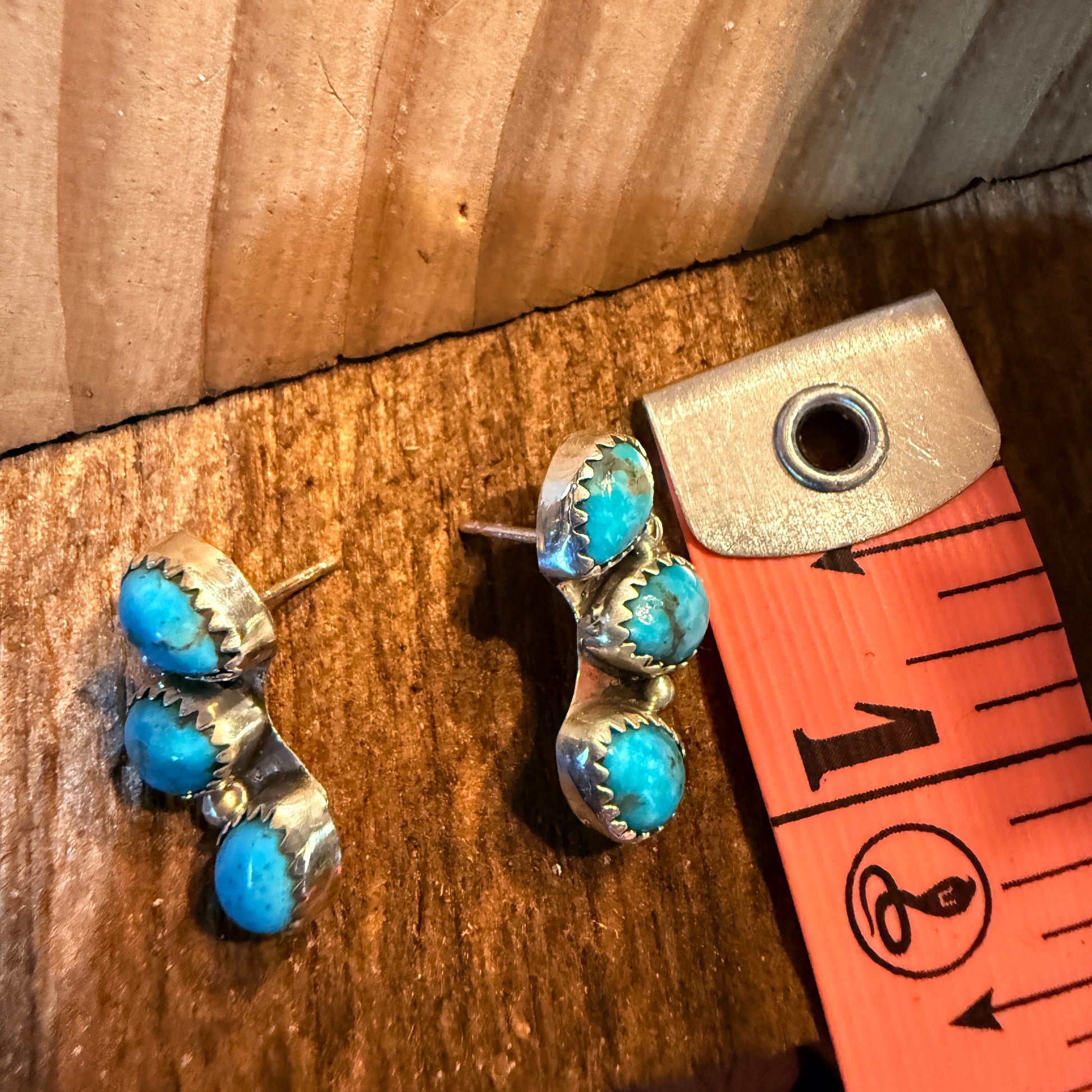 Blue Turquoise Gemstone Half Cluster Stud Earrings, Sterling Silver Wild West Boho