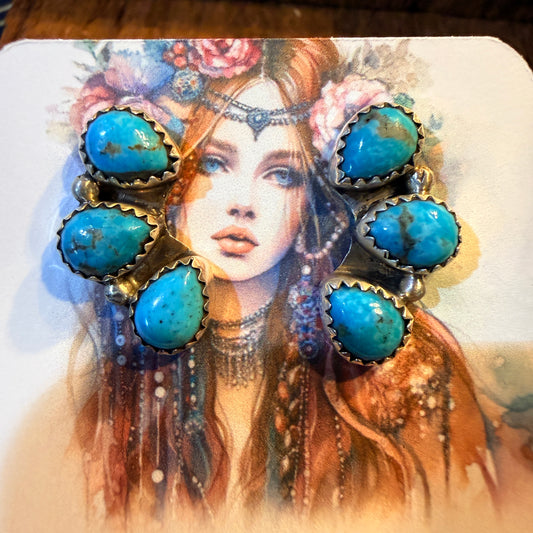 Blue Turquoise Gemstone Half Cluster Stud Earrings, Sterling Silver Wild West Boho