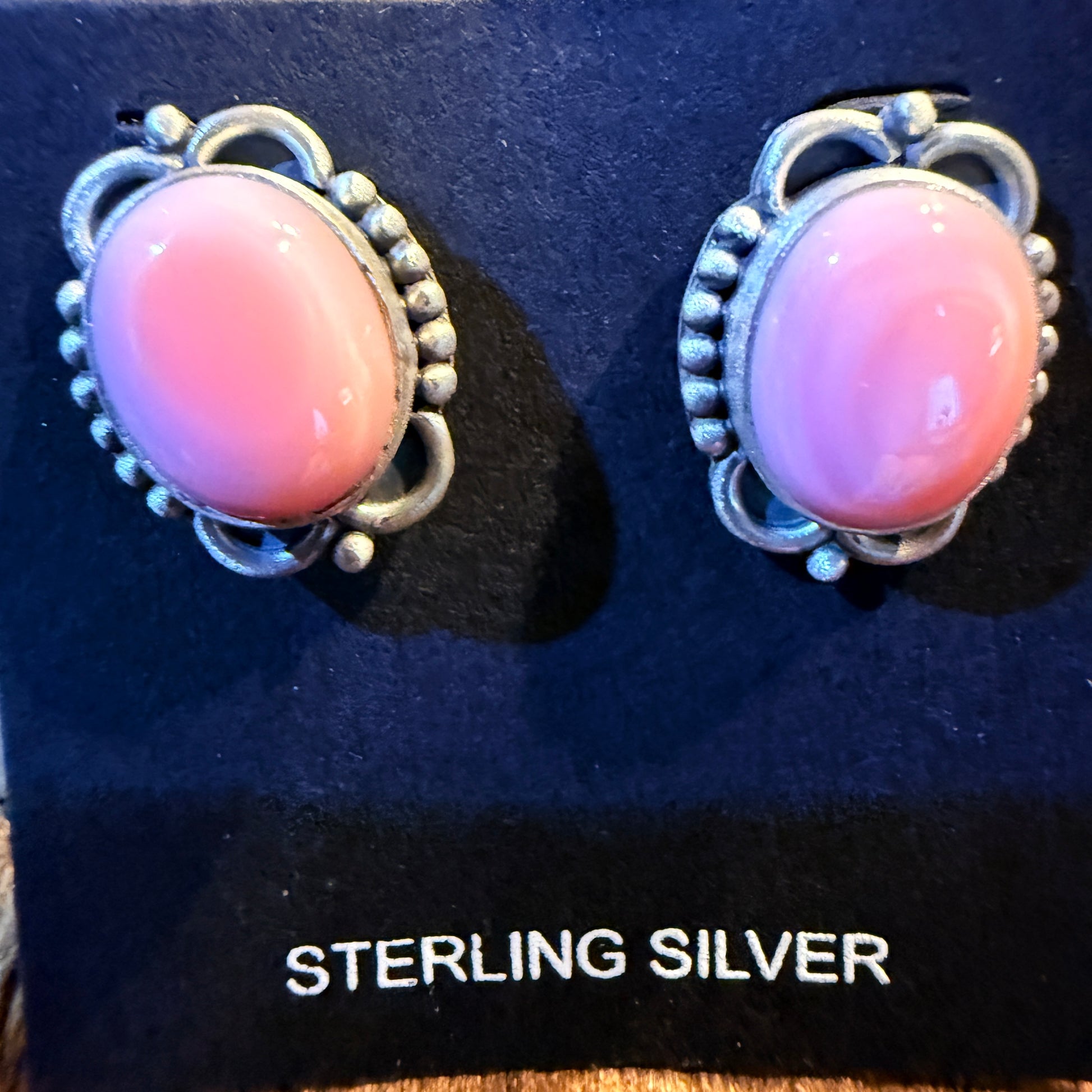Pink Conch Turquoise Gemstones Stud Earrings in Sterling Silver Wild West Boho