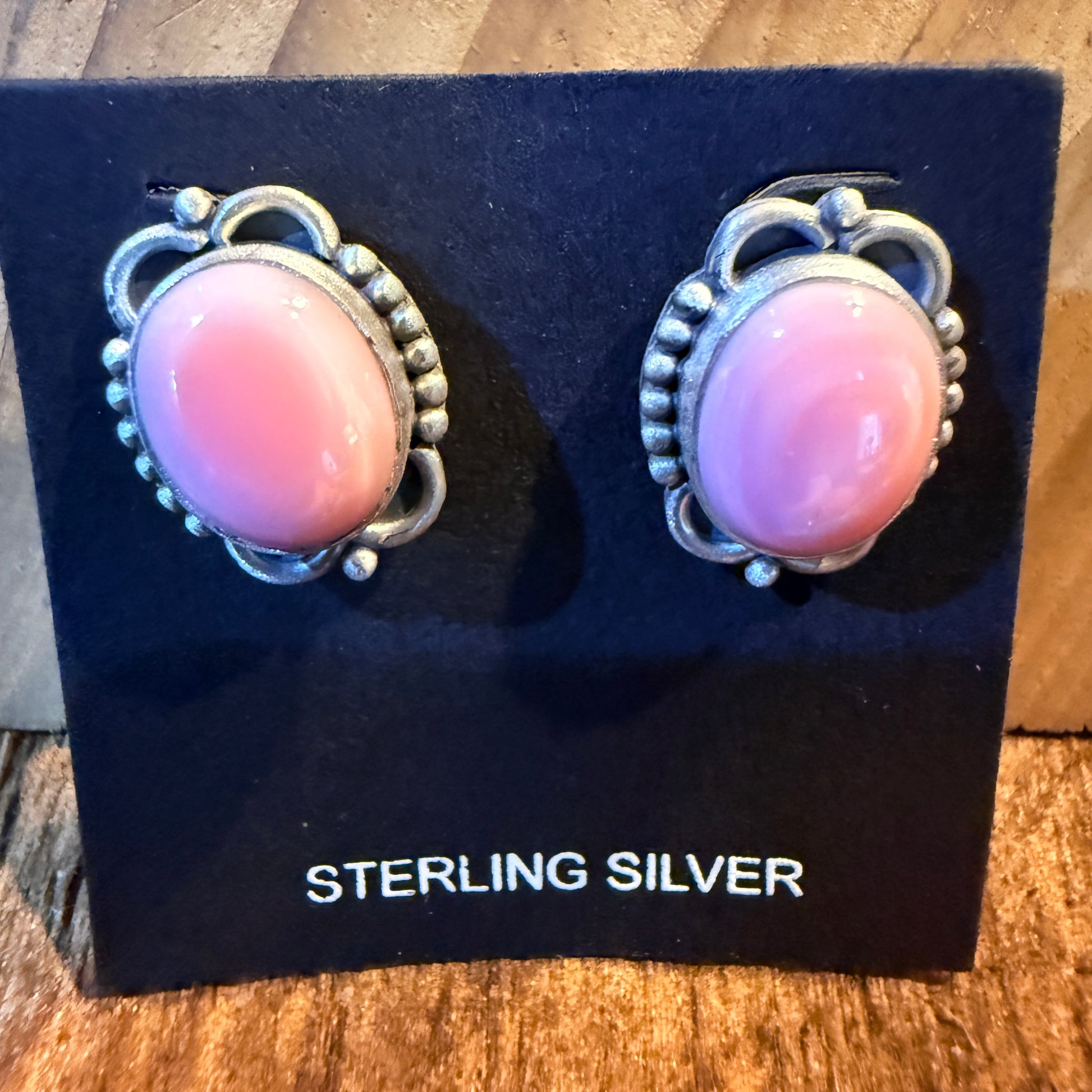 Pink Conch Turquoise Gemstones Stud Earrings in Sterling Silver Wild West Boho