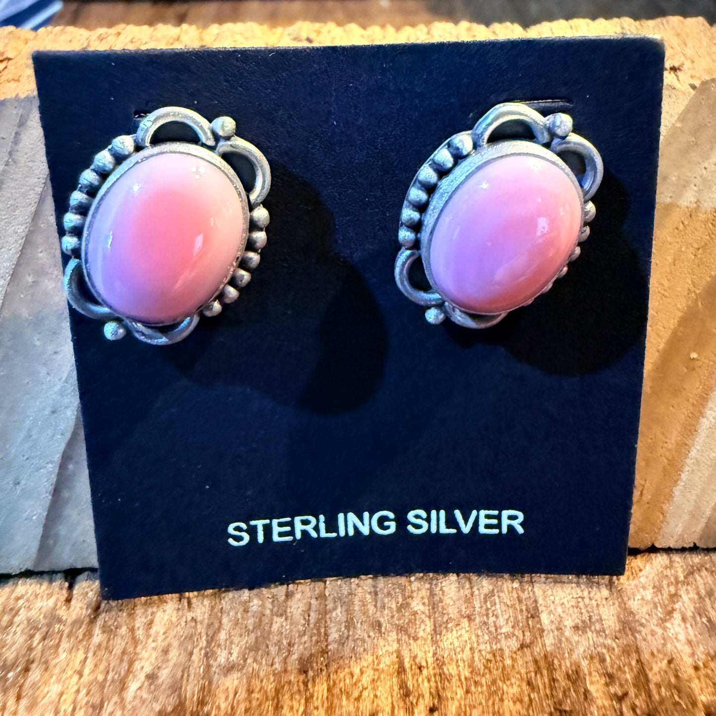 Pink Conch Turquoise Gemstones Stud Earrings in Sterling Silver Wild West Boho
