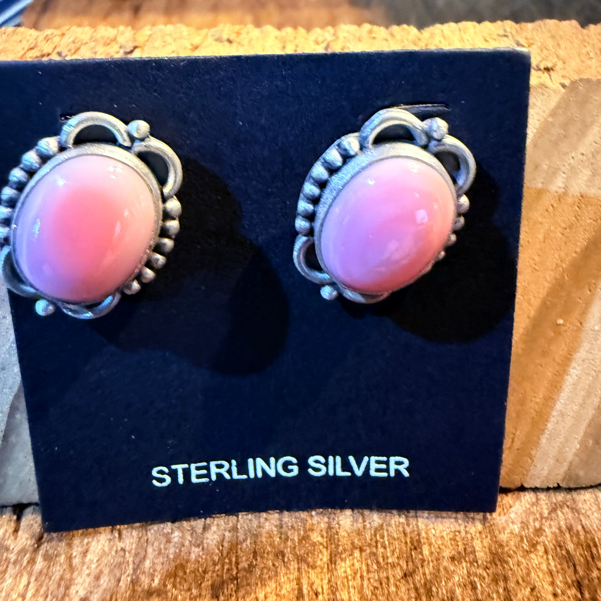 Pink Conch Turquoise Gemstones Stud Earrings in Sterling Silver Wild West Boho