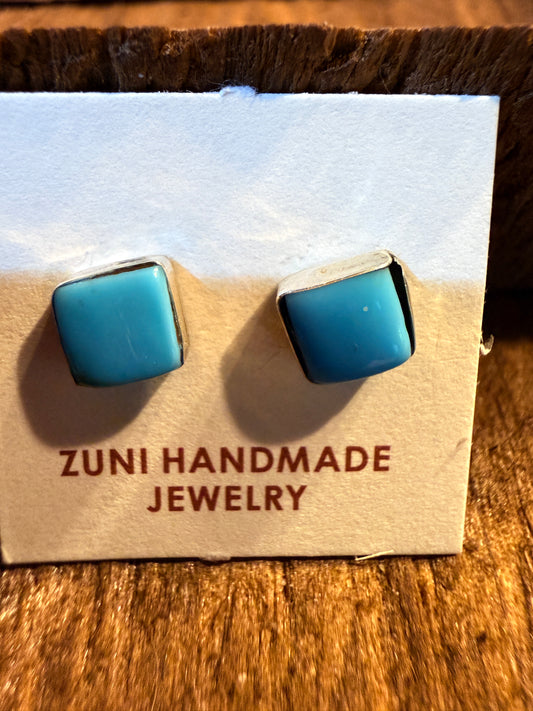 Zuni Handmade Kingman Turquoise Tiny Stud Earrings, Sterling Silver Wild West Boho